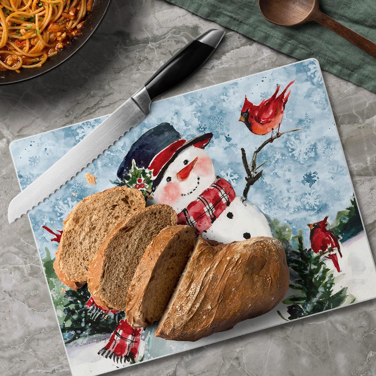 Watercolor Snowman Tempered Glass Cutting Board with Non-Slip Feet