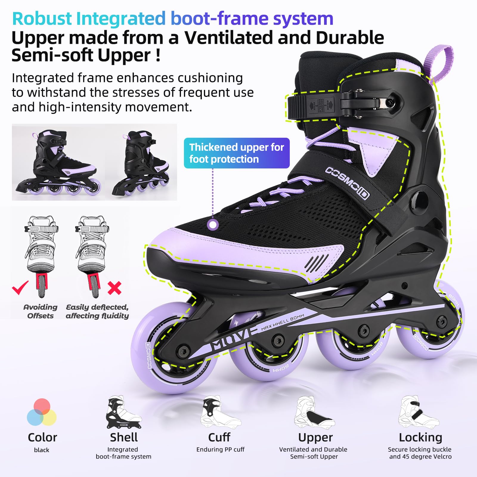 Inline Skate Women Men - COSMOID Move Professional Roller Skates Blades Adult Male Female, Indoor Outdoor and Fitness Black&Purple,Size 5-12
