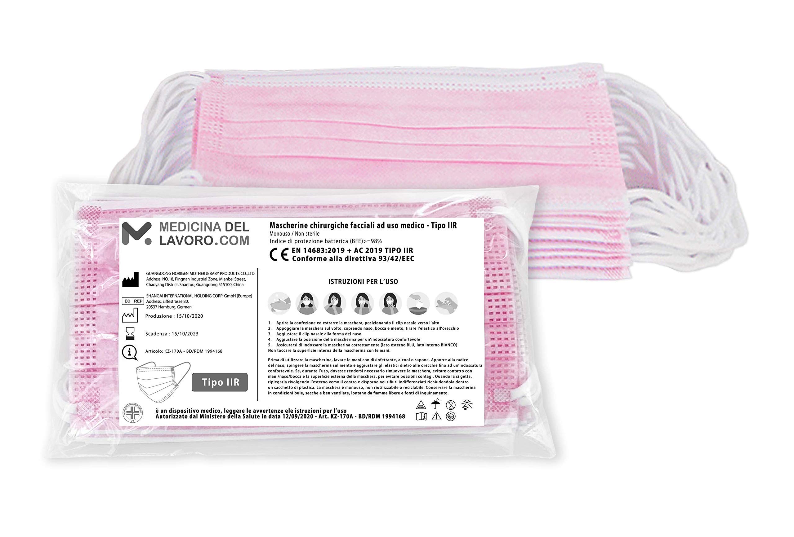 Mascherine Chirurgiche Rosa IIR CE 50 Pezzi Alta Efficienza BFE≥98