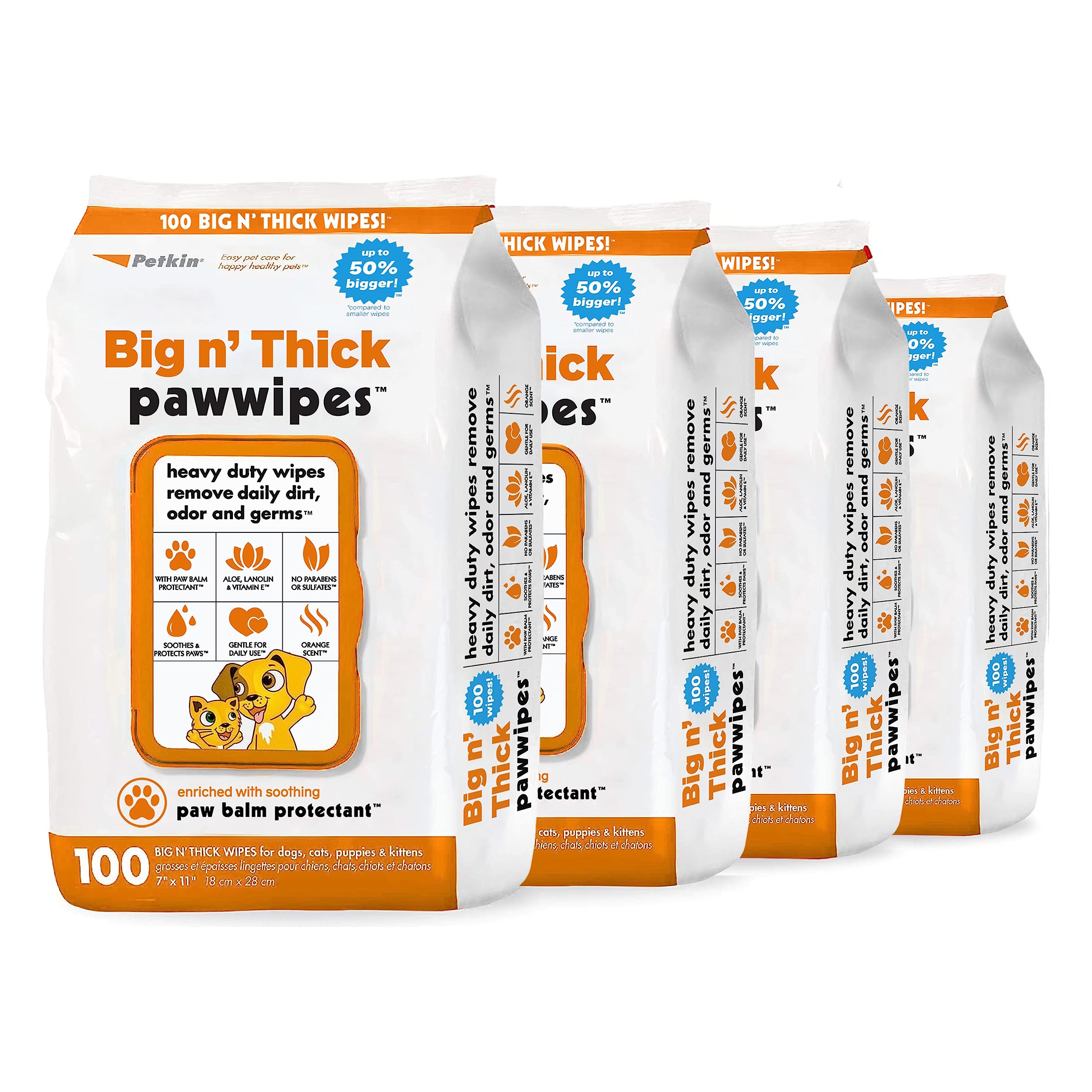 Petkin Big N' Thick Paw Wipes for Dogs, 100 Large Wipes (4 Pack) - Clean Dirty Paws After Walks, with Paw Balm Protectant - Keep Floors and Furniture Clean - Ideal for Home or Travel - Orange Scent โ image 1