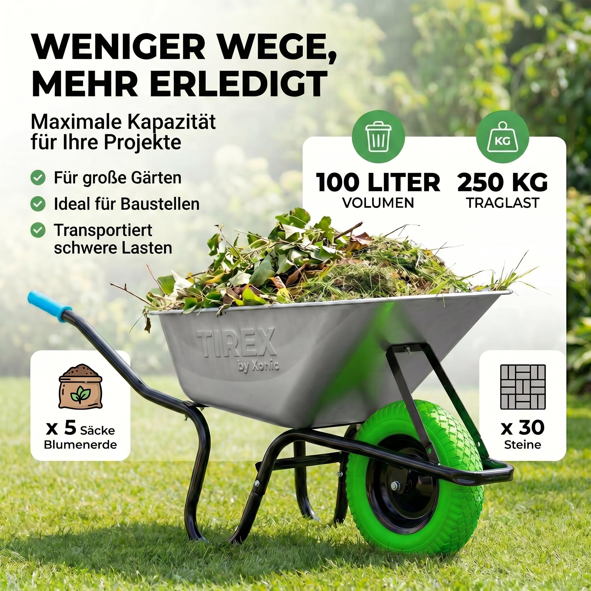 TIREX by xonic® Schubkarre mit Stahlfelge – Verzinkte Wanne bis 250kg/ 100l - Robuste Ausführung für Garten und Blau – Schieb-Karre mit PU Vollgummi-Rad - Blau- Silber
