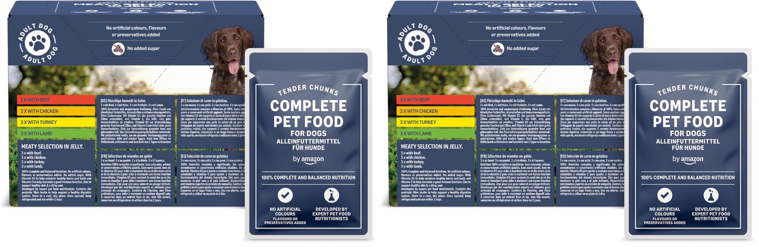 by Amazon Alimento Completo para Perros Adultos, Selección de Carnes en gelatina, 1,2 kg (12 Bolsa de 100g) (Paquete de 2)