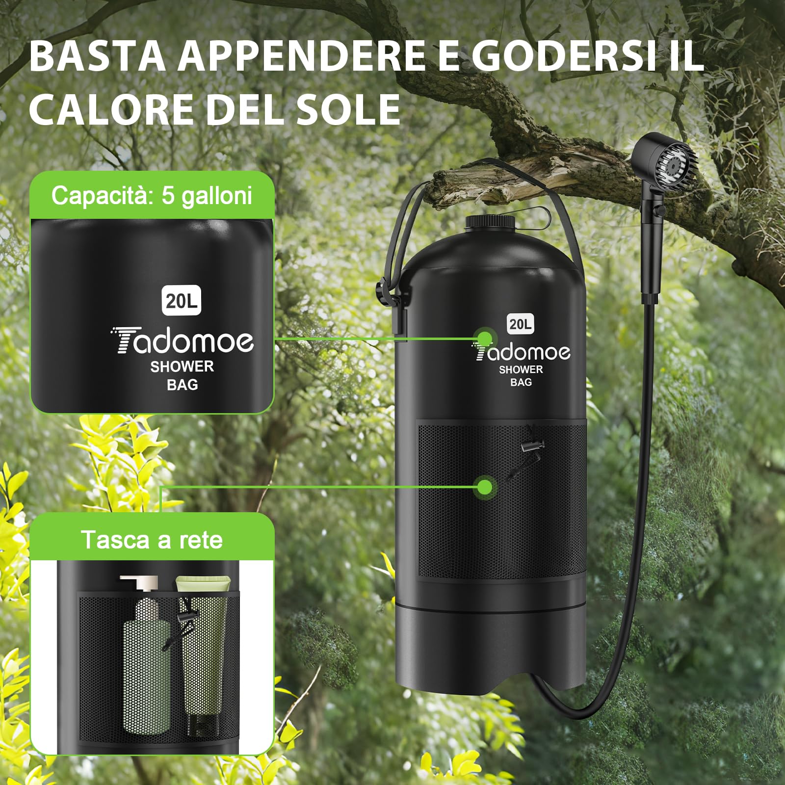 20L Doccia da Campeggio con Pompa, 2000mAh Doccia Portatile Solare Borsa con Pratico Ugello per Campeggio, Escursionismo e Spiaggia