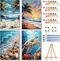 4-Pack Framed Paint by Numbers for Adults: Sea Turtle Beach Canvas Kits with Wooden Easel & Brushes - 8x12 inch DIY Wall Art