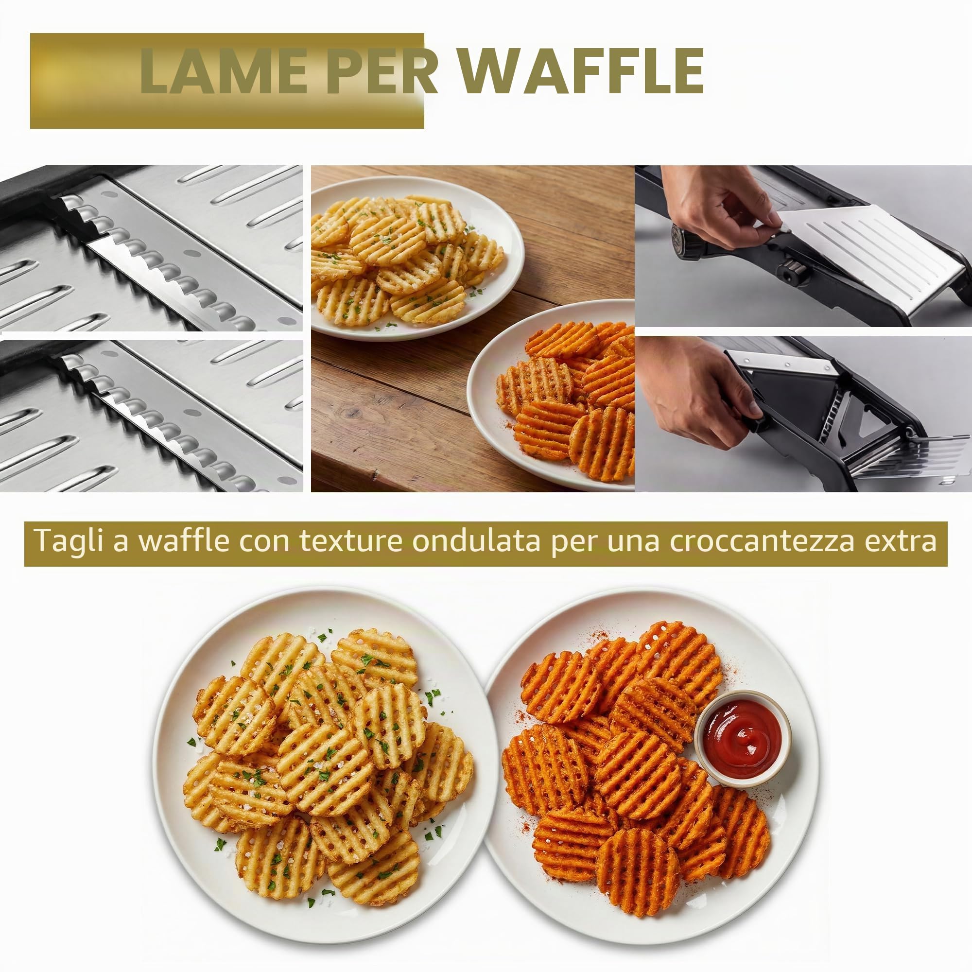 Mandolina affetta verdure regolabile, in acciaio inox, per tagliare patatine a griglia, verdure e cipolle