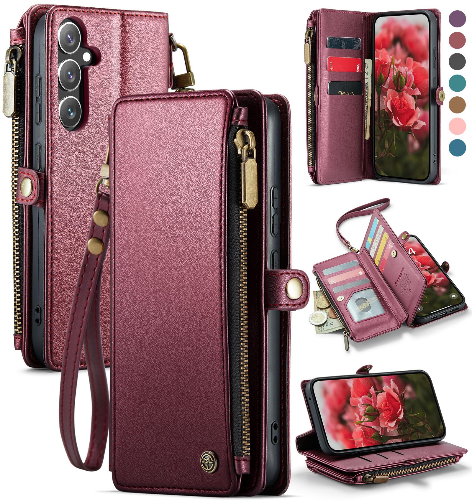 Defencase Compatible with Galaxy A54 5G Case Wallet with RFID Blocking Card Holder for Women Men, PU Leather Magnetic Snap Flip Zipper Strap Wallet