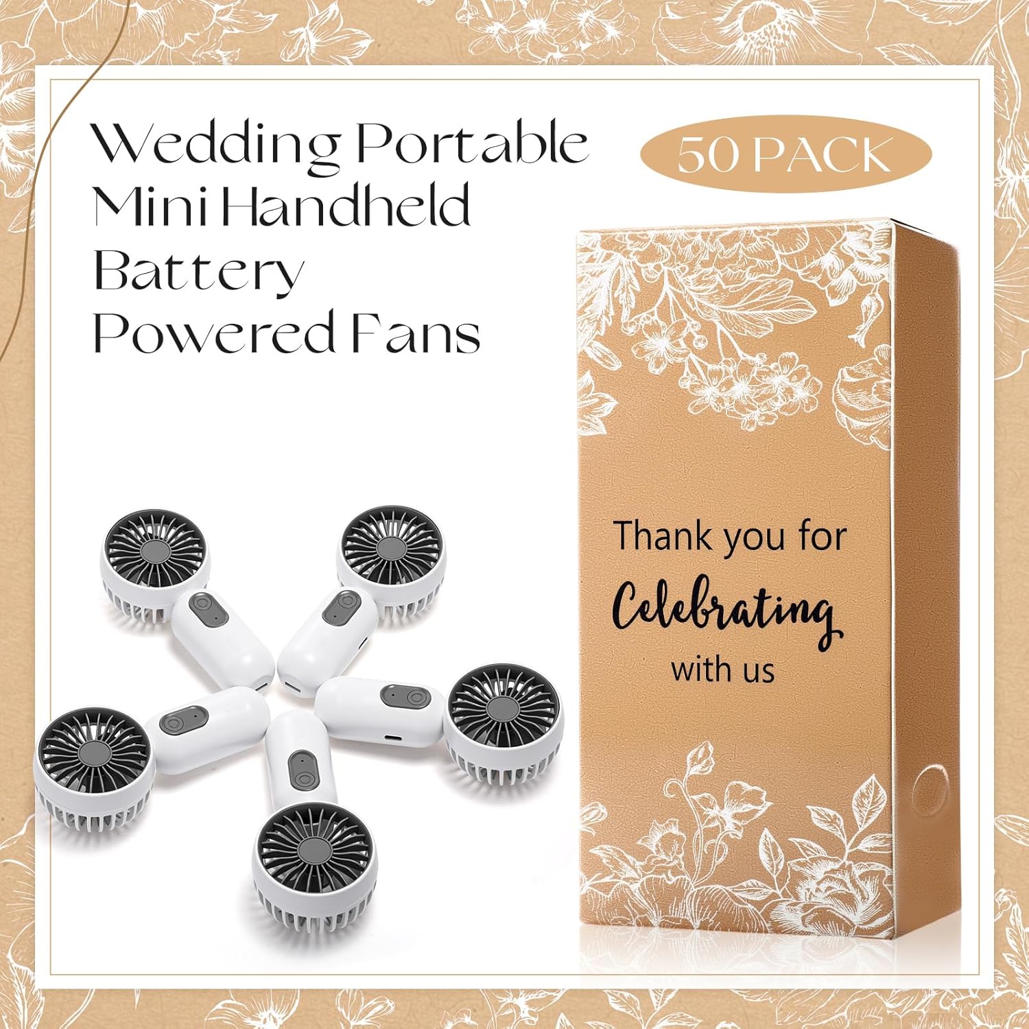 Retisee 50 Pack Wedding Portable Mini Handheld Battery Powered Fans Gift for Guests Thank You USB Small Personal Fan with 3 Speeds for Summer Bridal Shower Party Favor(Vintage Lace,White)