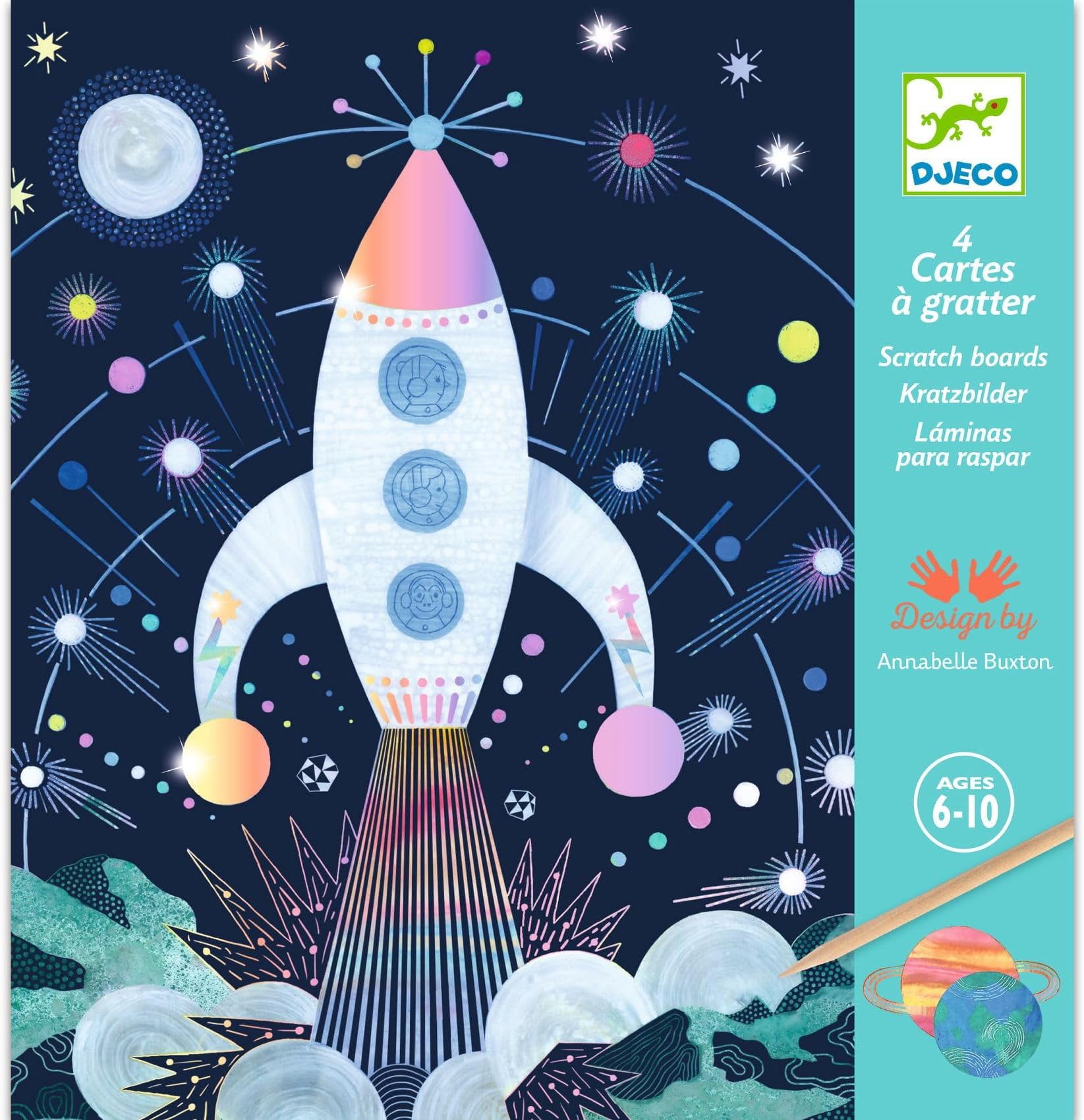 Djeco Cosmic Mission Scratch Cards Set for Kids 4 Space-Themed Iridescent Boards with Wooden Stylus Step-by-Step Instructions Creative Art Activity Ages 6-10