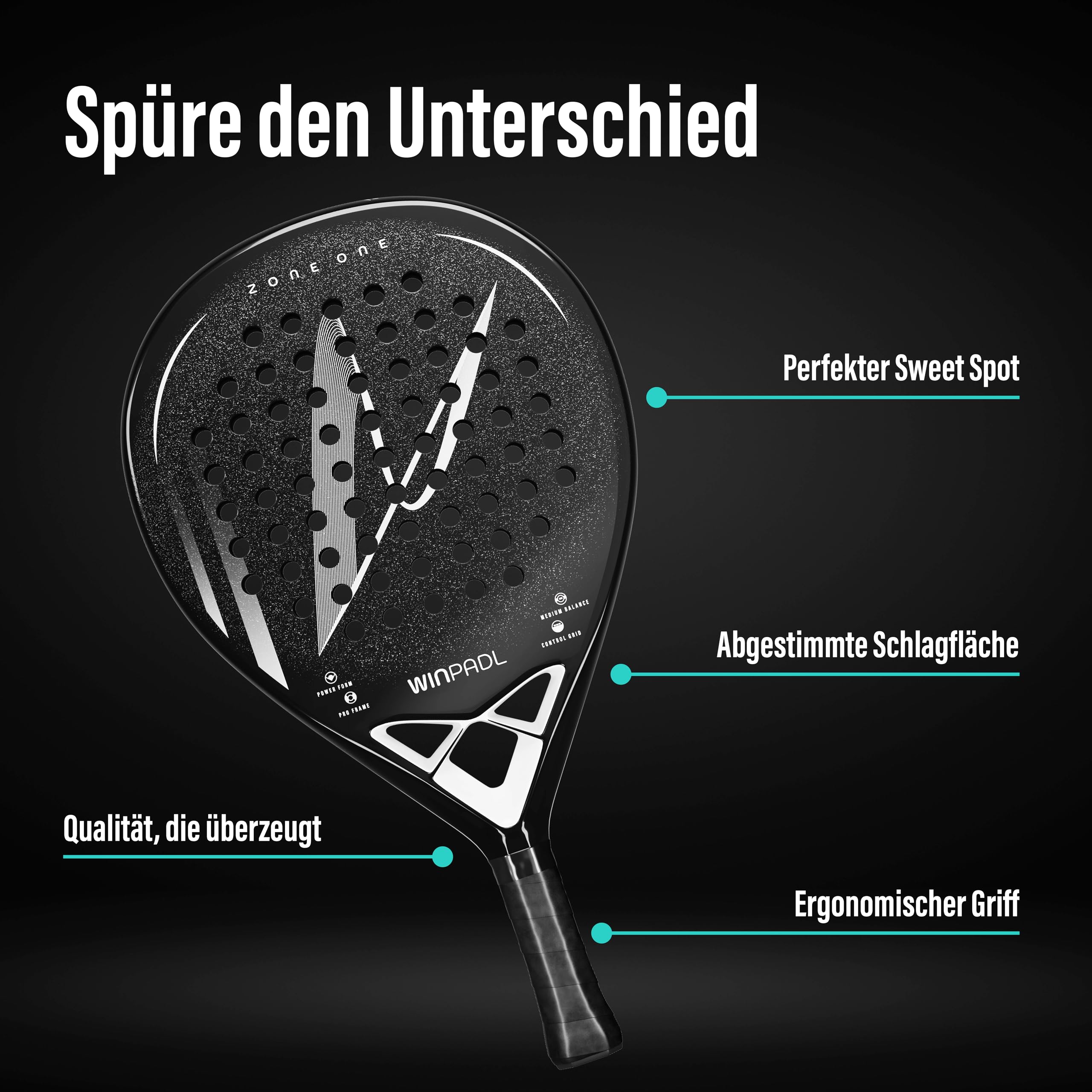 Zone One Carbonfaser Padelschläger 365 g Tropfenform raue Schlagfläche
