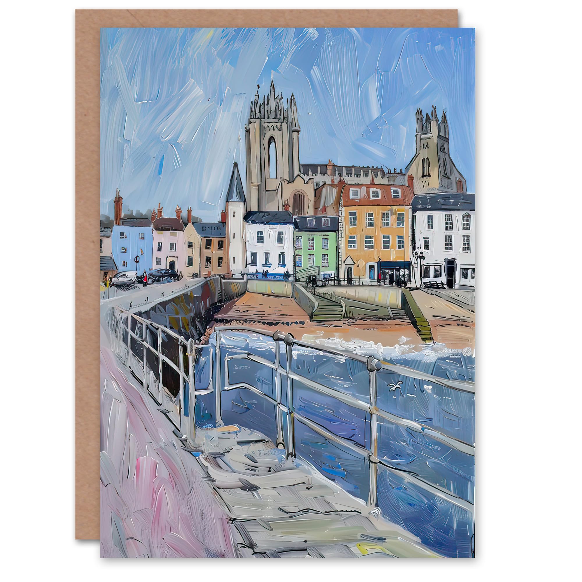 Artery8 Greeting Card Bridlington Pier Shore Painting Yorkshire Sunny Blank For Him Or Her Art Birthday Card