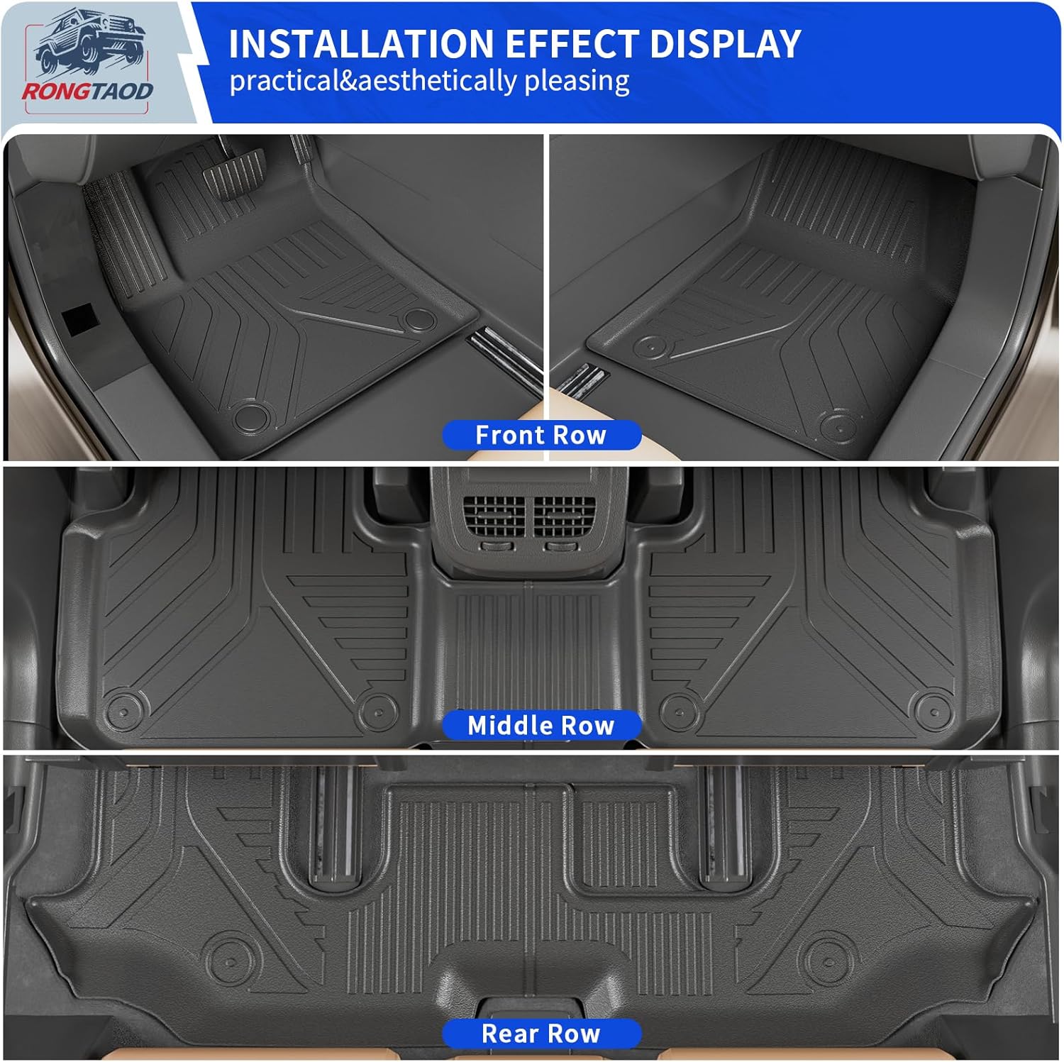 Rongtaod Floor Mats Compatible with 2018-2025 2026 Volkswagen Atlas (NOT for Cross Sport) Trunk Mat Cargo Liner Back Seat Cover 2024 VW Atlas Accessories (Trunk Mat with Backrest Mat+Floor Mats) - Image 2