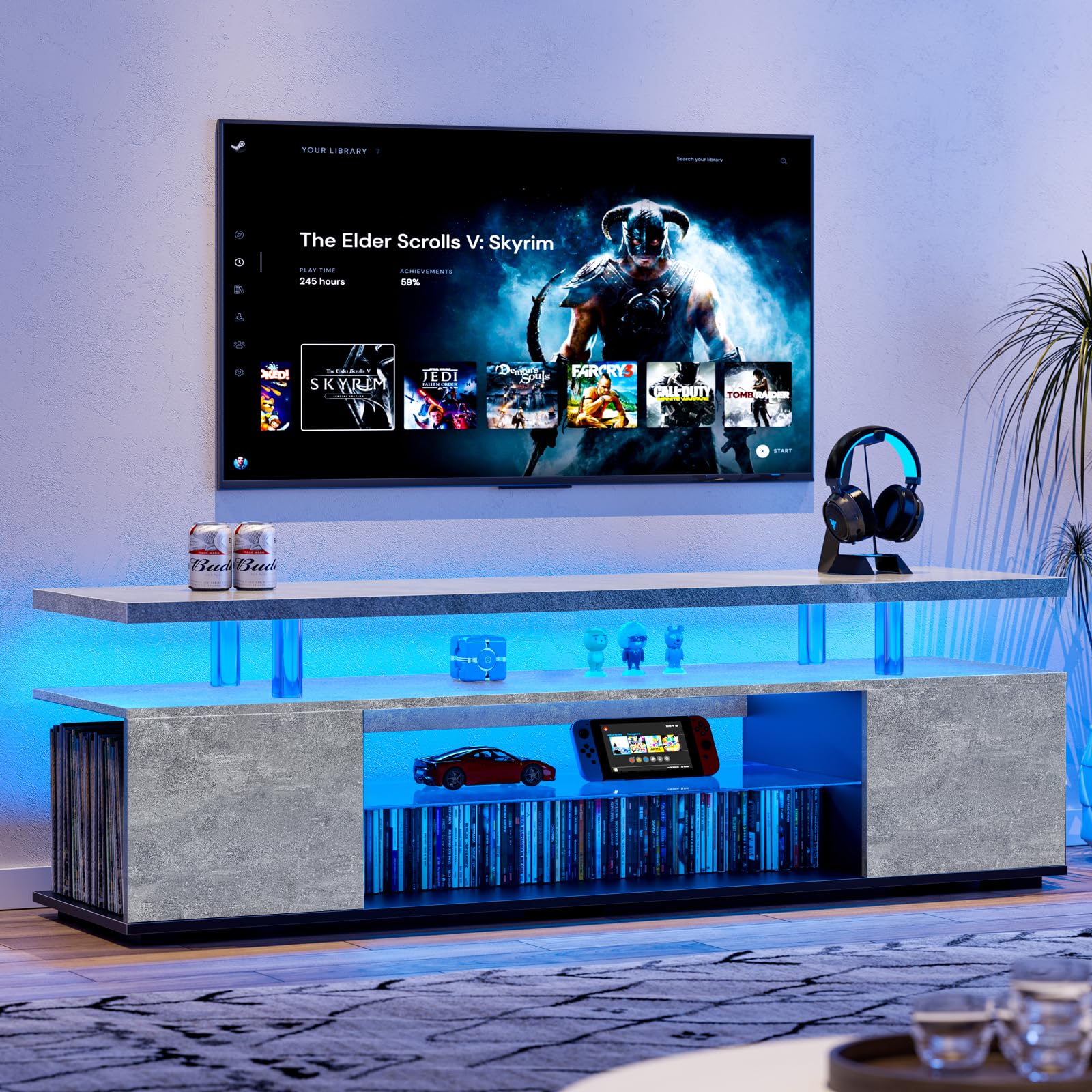 Mueble bajo para TV con LED multicolor y 3 compartimentos de almacenamiento