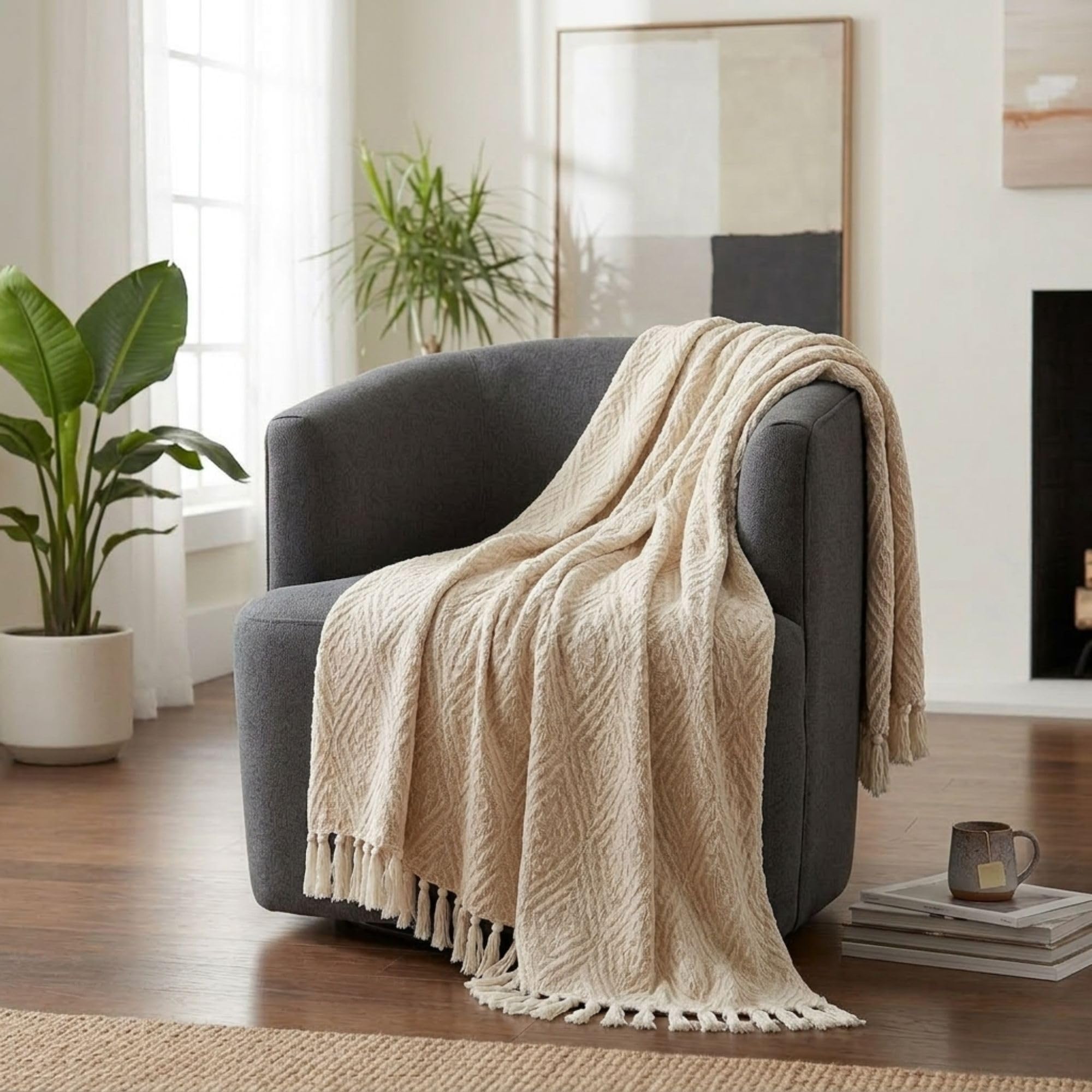 Plaid jacquard beige 2x3m en coton recyclé idéal pour des soirées cocooning au salon