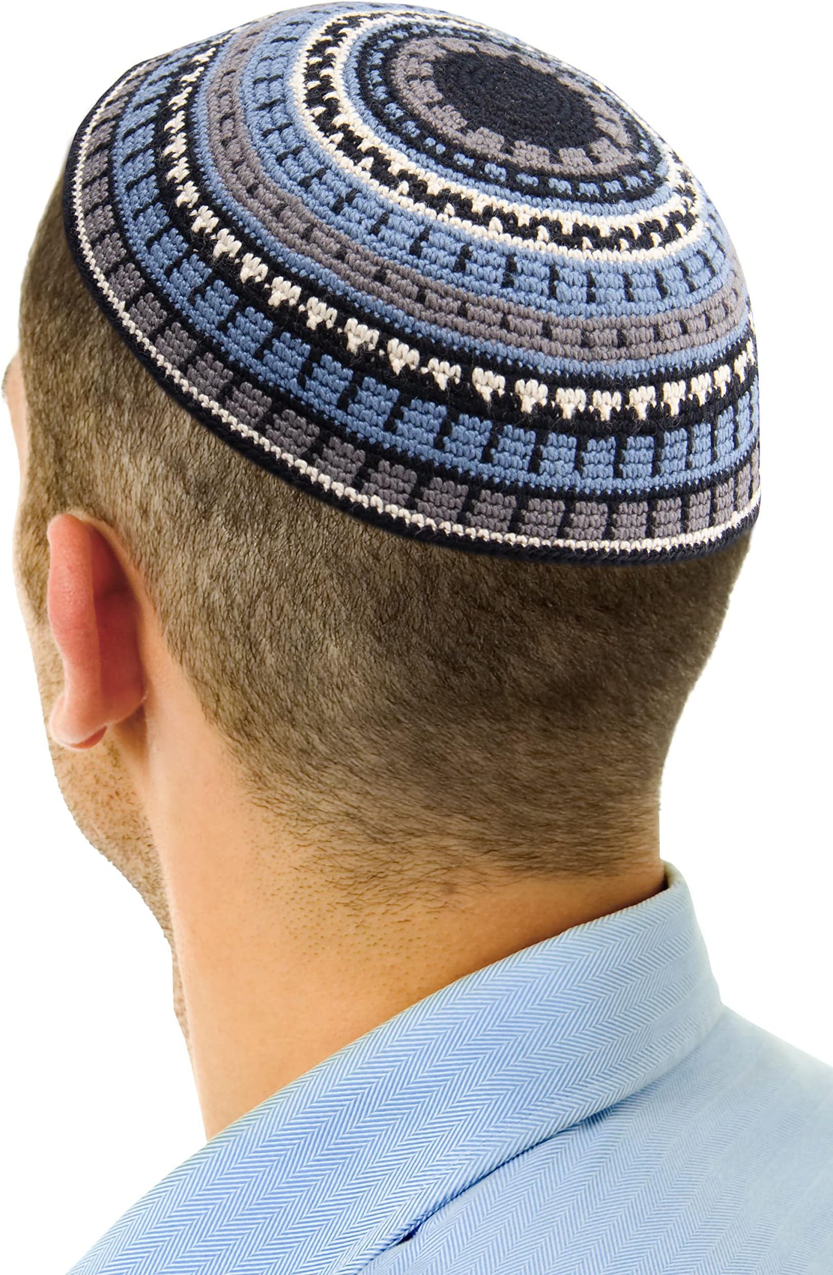 HolYudaica Hand Made 100% Cotton DMC Hand Knitted Kippah Hat Designed in Israel, Yamaka Jewish Hats for Men, Yarmulke Hat (Black Grey & Blue, 19cm-7.5inch-Flat)