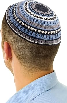 Hand Made 100% Cotton DMC Hand Knitted Kippah Hat Designed in Israel, Yamaka Jewish Hats for Men, Yarmulke Hat Black Grey & Blue, 19cm-7.5inch-Flat