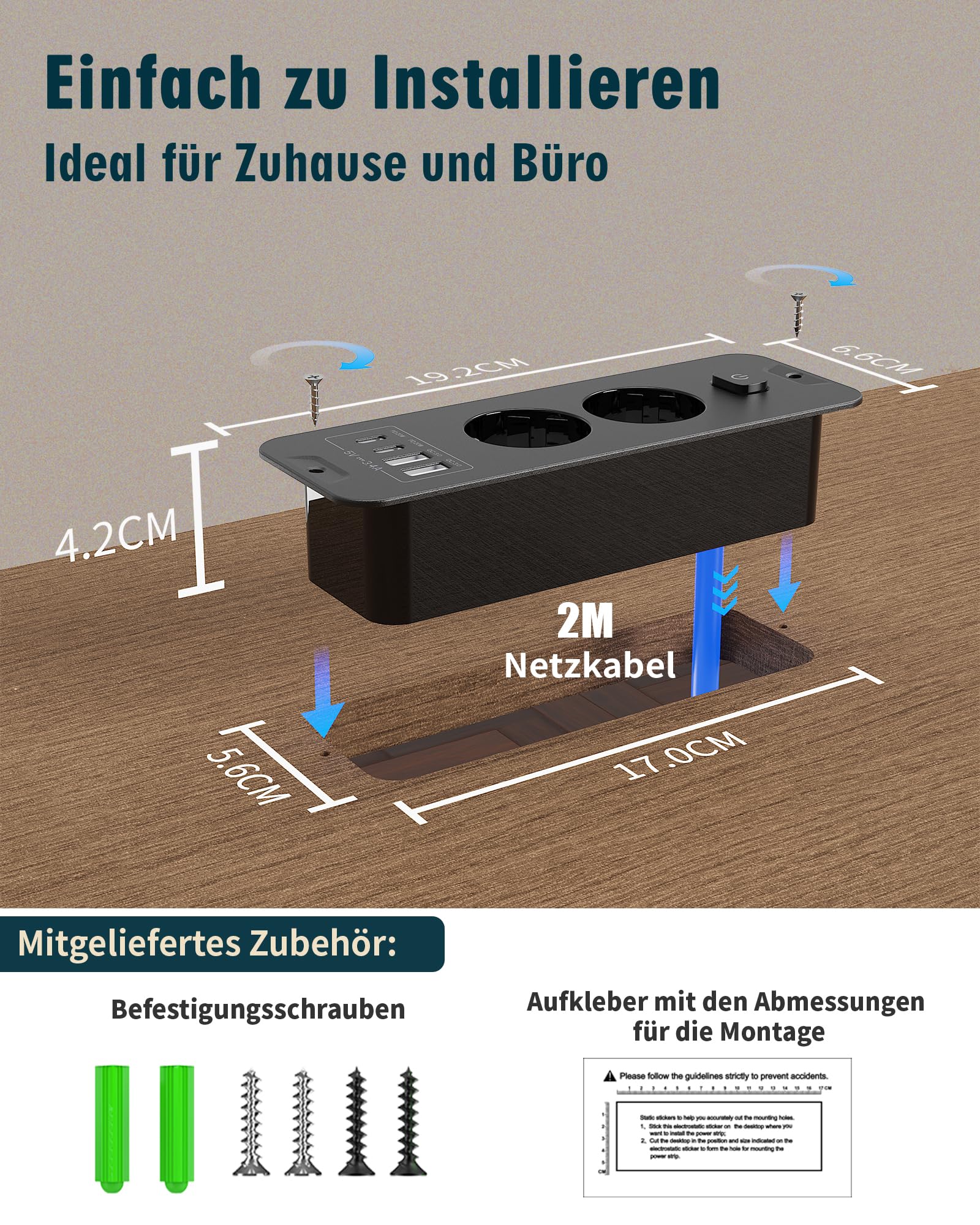 Ciabatta elettrica con USB (PD 20 W), 2 prese da incasso, 6 in 1, a scomparsa, presa da tavolo, presa multipla con cavo da 2 m, per cucina, ufficio, piano di lavoro, 16 A/3680 W