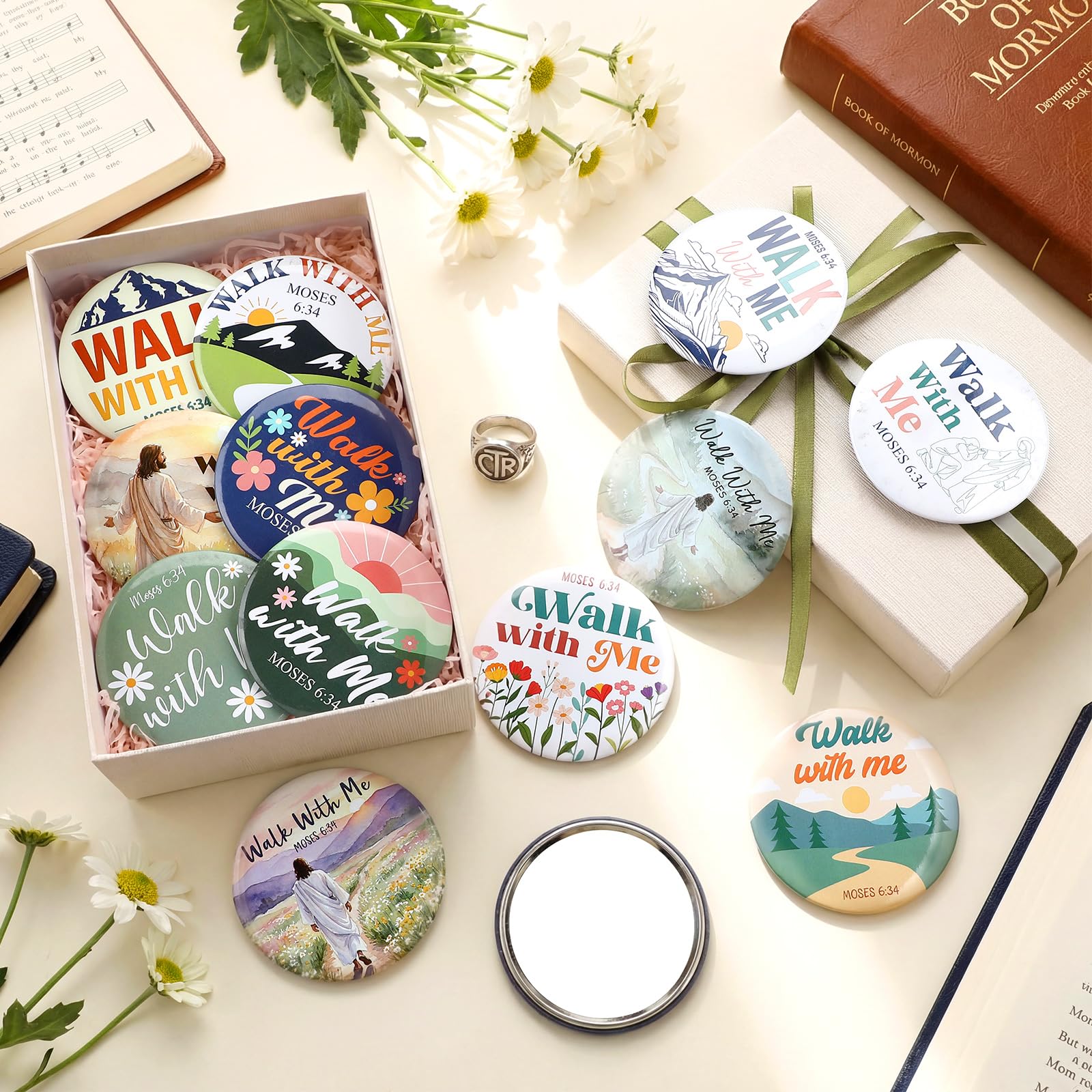 Xuhal 24 Pcs LDS Youth Theme 2026 Walk with Me Gifts Bulk LDS Mini Mirror 2026 Religious Christian Faith Baptism Gifts for Men Women Teens