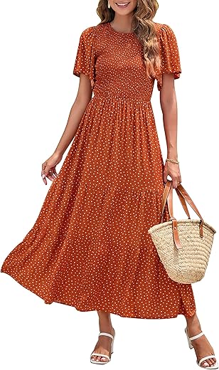 ZESICA Women's 2024 Summer Casual Floral Print Short Flutter Sleeve Crew Neck Smocked High Waist Flowy Maxi Dress,Caramel,Small