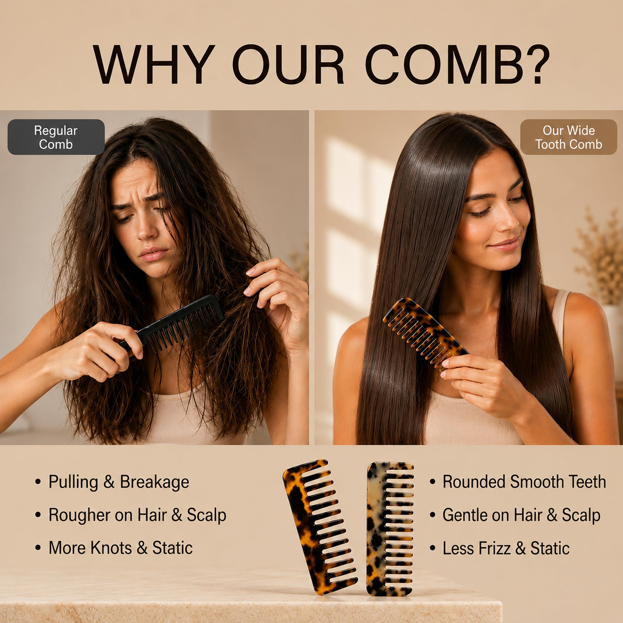 Peine de dientes anchos para rizos y cabello grueso, peine desenredante, acetato de celulosa, antiestático, 6 pulgadas, uso húmedo/seco, paquete de 2