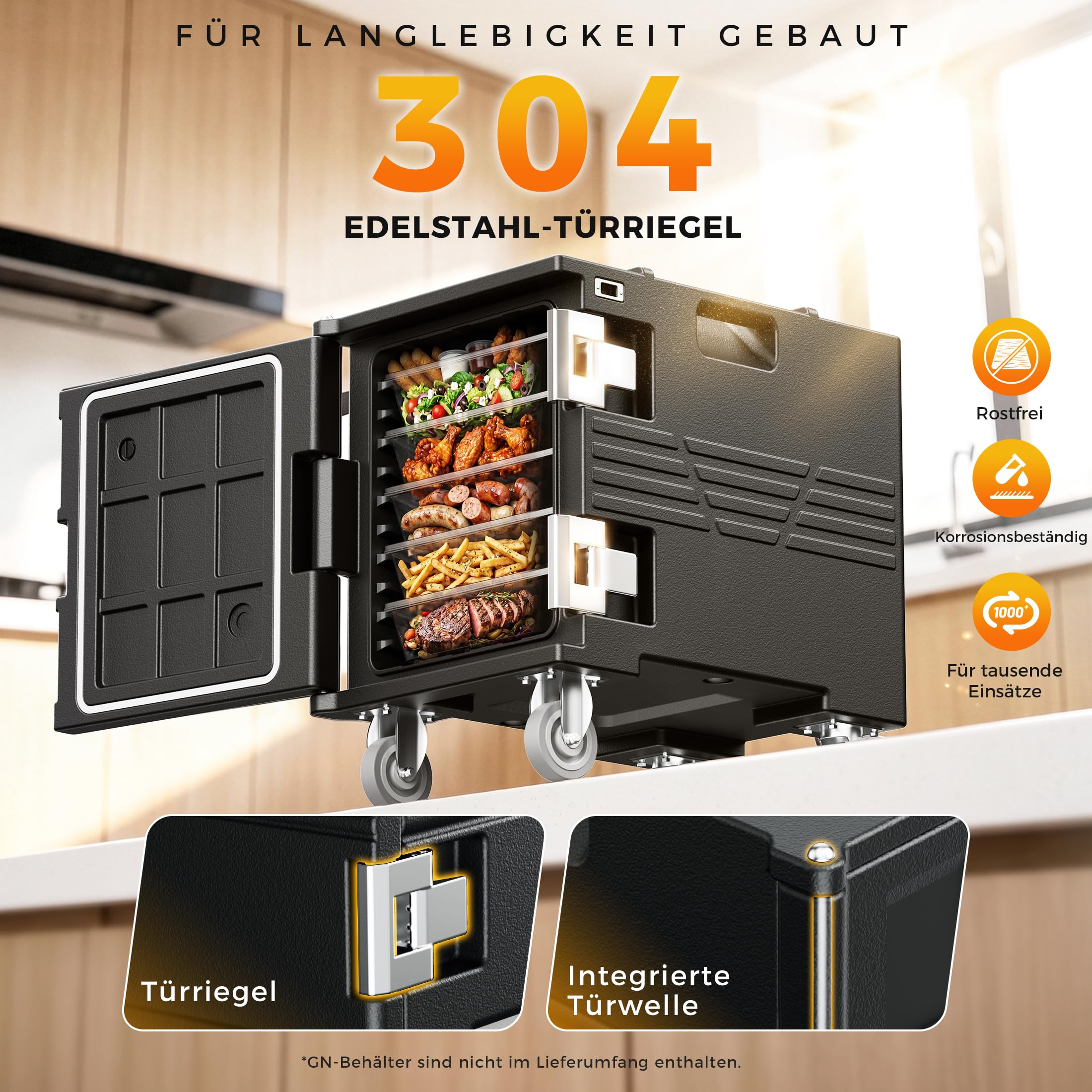 75L Thermobox Frontlader mit Drehrollen, LLDPE Isolierte Transportbox | mit 304 Edelstahlriegel, Warmhaltebox Stapelbar für 5x GN 1/1 Behälter(Nicht), Ideal für Lieferservice und Catering