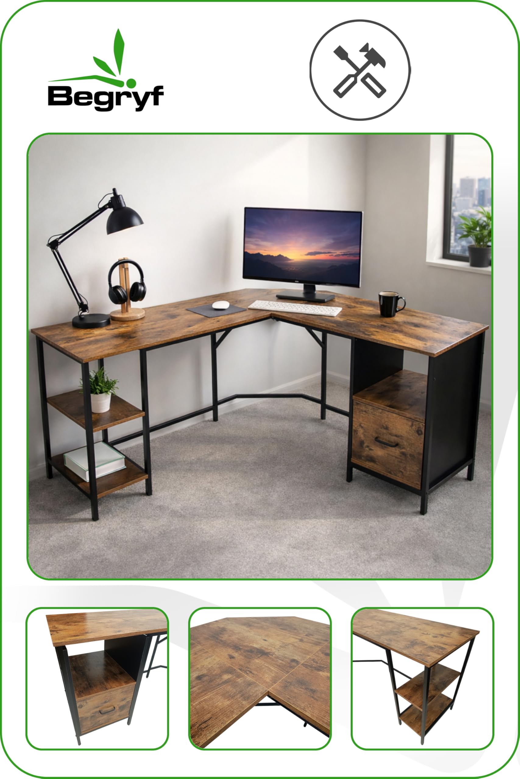 Eckschreibtisch 149 x 149 x 74,5 cm, Computertisch in L-Form, Schreibtisch mit Schublade und 2 Ablagen, MDF in rustikalem Braun, schwarzes Metallgestell, Loft-Stil