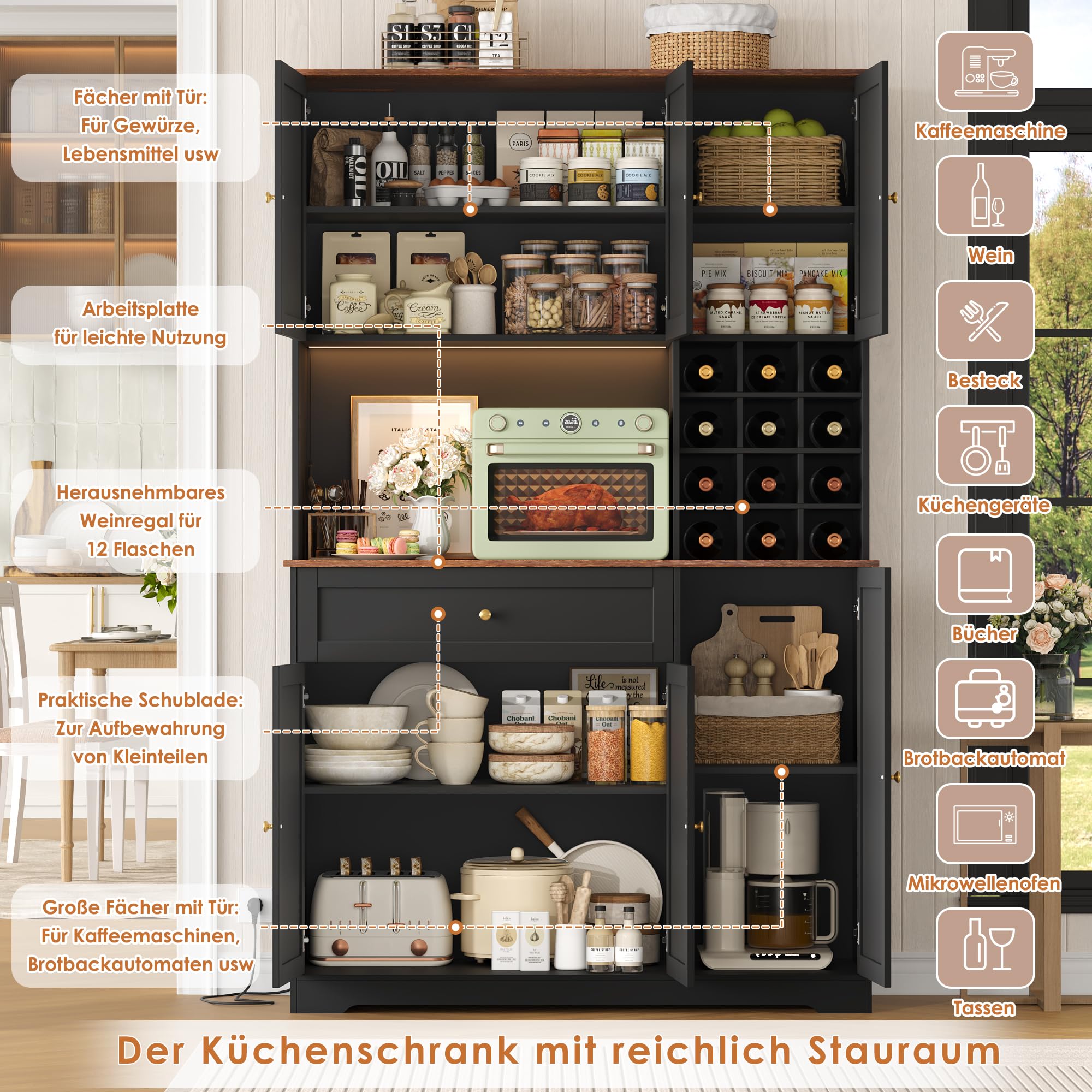 FirFurd Küchenschrank 180cm Buffetschrank mit LED Sideboard für Küche mit Steckdosenleiste Küchenschrank mit Arbeitsplatte & Weinregal für 12 Flaschen Küchenbuffet Küchenmöbel 180x100x39cm schwarz