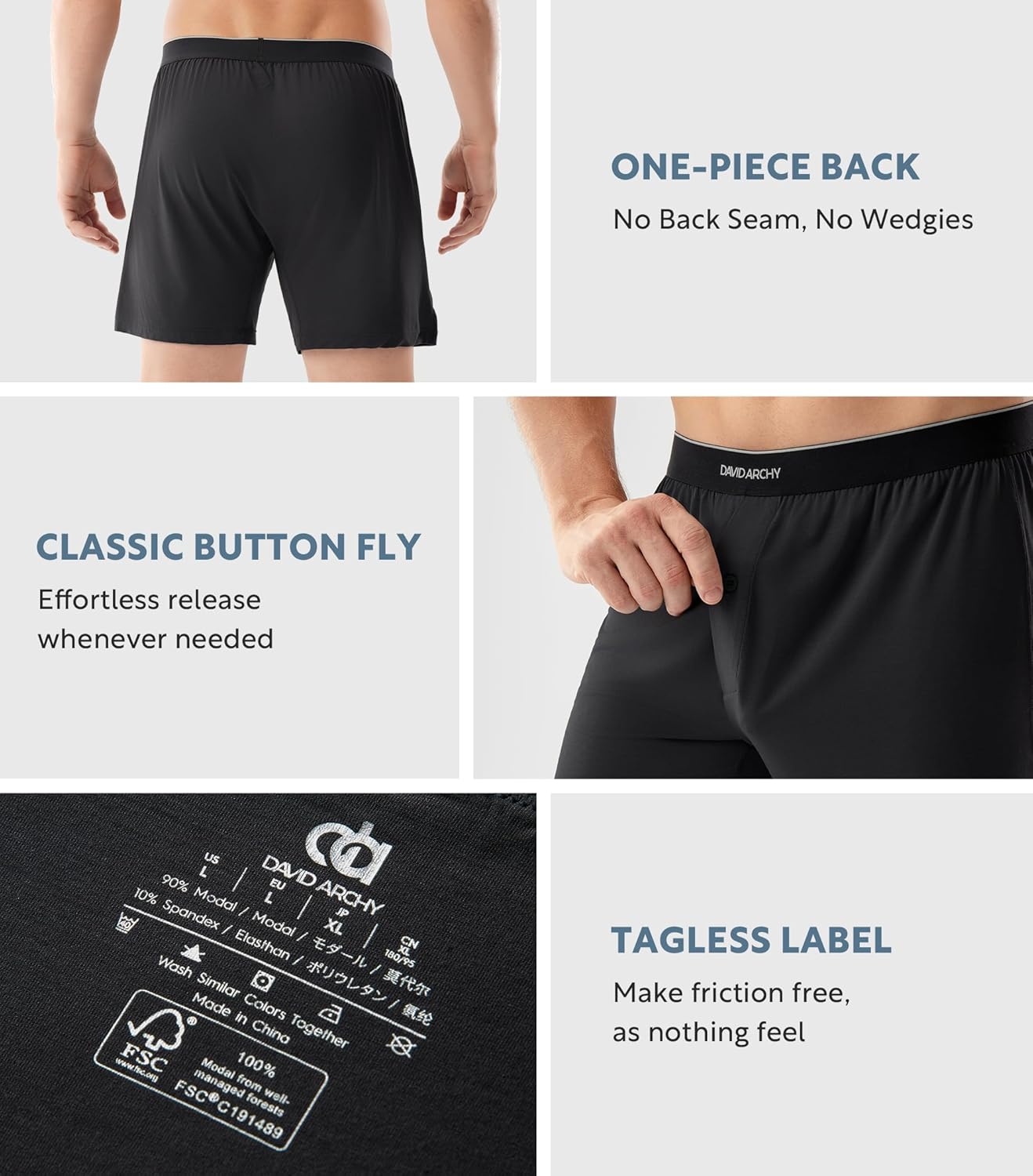 DAVID ARCHY Ultra Soft Modal Boxers for Men, Silky Stretchy Boxer Shorts, Breathable Loose Men's Underwear for Sleep 4 Pack - Image 5