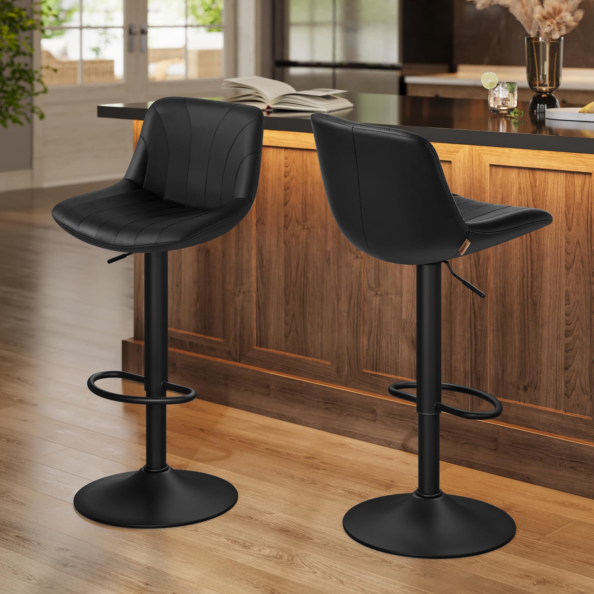 VASAGLE Bar Stools Set of 2, Adjustable Bar Chairs with Backs, 360° Swivel, Metal Footrest, Barstools, for Kitchen Dining Reception, PU Leather, Ink Black LJB181BH02