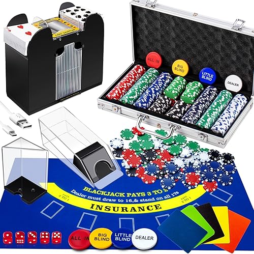 Miniatura 7 de Aoriher Juego de casino Blackjack, incluye 300 fichas de póquer, 10 tarjetas cortadas, 5 dados, fieltro de casino de doble cara, 1 barajador, 6