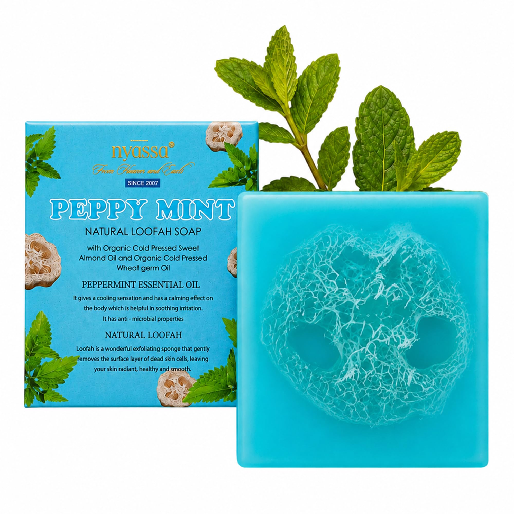Nyassa Asian Lemongrass Handmade Loofah Soap 150 gm with Fresh Zesty fragrance. Contains natural loofah for exfoliation. No Paraben, Cruelty Free (Peppermint)-image-2