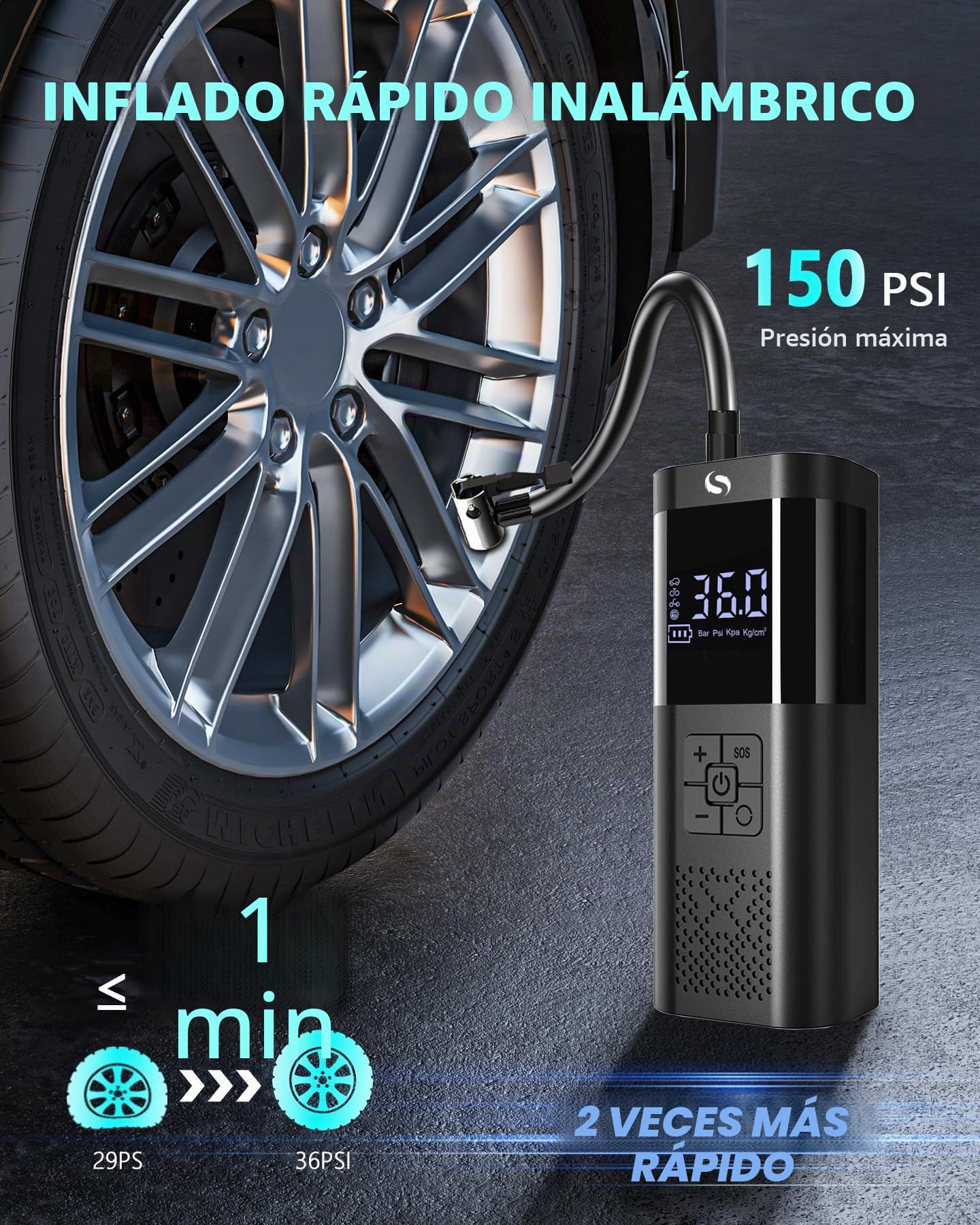 Compresor Aire Portatil, Inflador Ruedas Coche, Mini Compresor Aire Coche con Manómetro, 150PSI Inflador Electrico, Accesorios Coche, con Luz LED para Coche Moto Bicicleta Bola