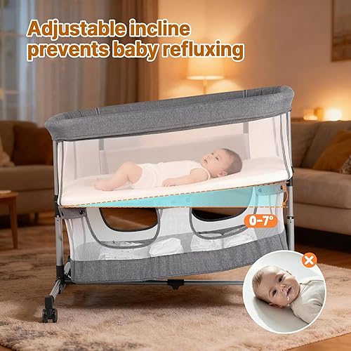 Miniatura 6 de Moisés de noche, cuna 3 en 1, cuna mecedora de 5 alturas ajustables, malla completa transpirable, mosquitera, cesta de almacenamiento, moisés