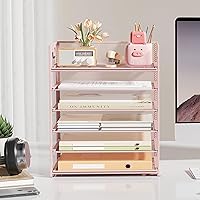 Vista 3 de Subekyu 6 Tier Office File Paper Desk Tray Organizer with Handle, Stackable Slide Mesh Letter Tray Folder Pink Desk Organizer, Desktop Document