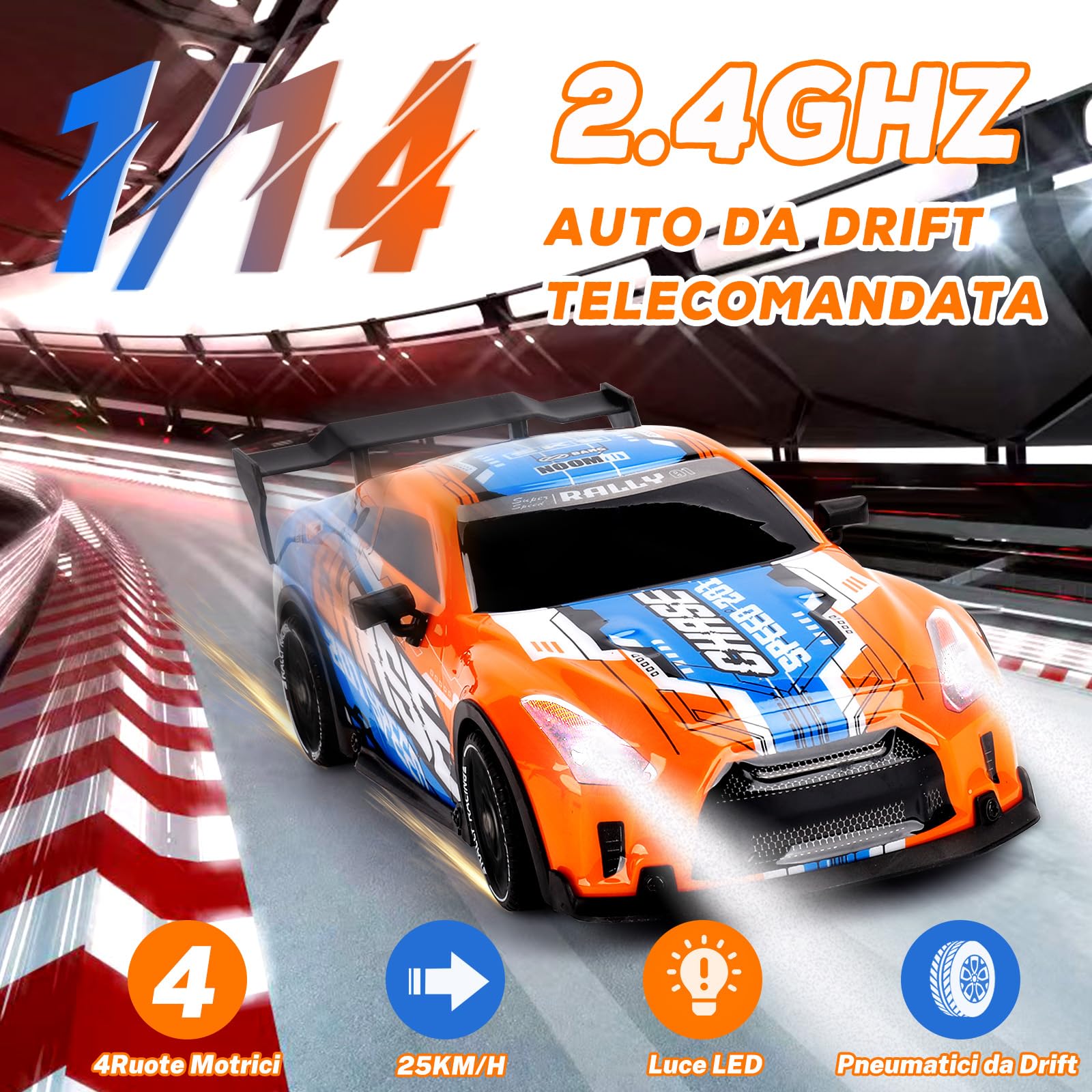 JONRRYIN Macchina Telecomandata Drift, 1:14 RC Drift Car, 25km/h 4WD Radiocomandata Auto con Luce LED, Regalo di Giocattolo Auto per Adulti e Bambini di Età Superiore agli 8 Anni