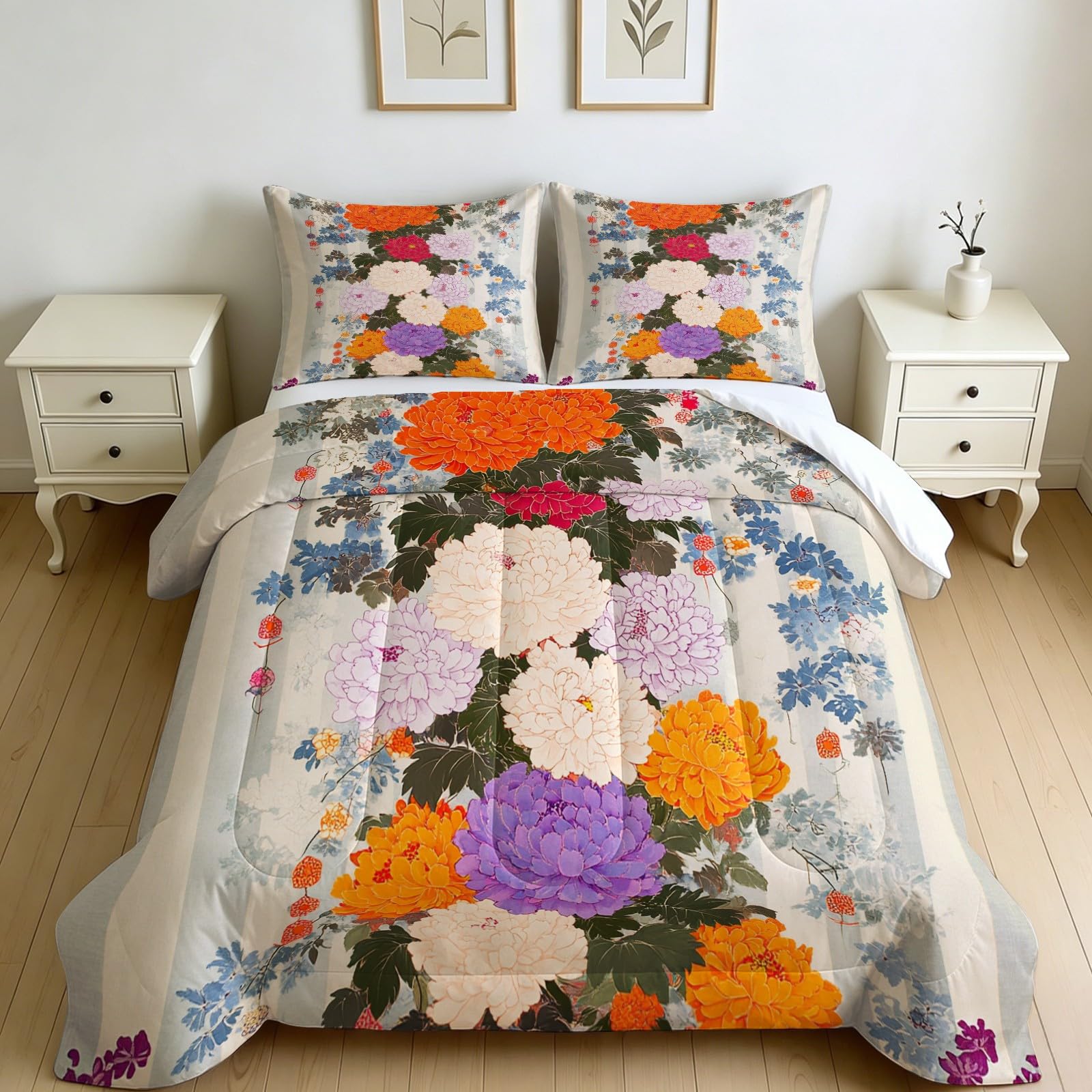 Edredón Decorativo 4 Estaciones Crisantemo 220 x 240 cm Gris Claro Relleno Nórdico Suave, Estilo Moderno Lavable