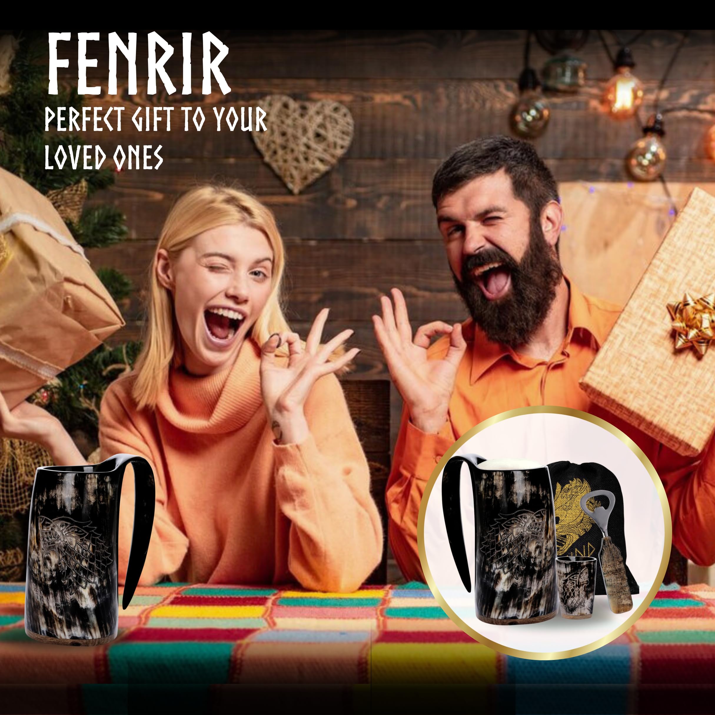 Fenrir Premium Viking Wolf Natürliches Trinkhorn Becher mit kurzem Glas und Flaschenöffner für Ale Beer Kaltgetränke (473 ml) – 3-teiliges Set