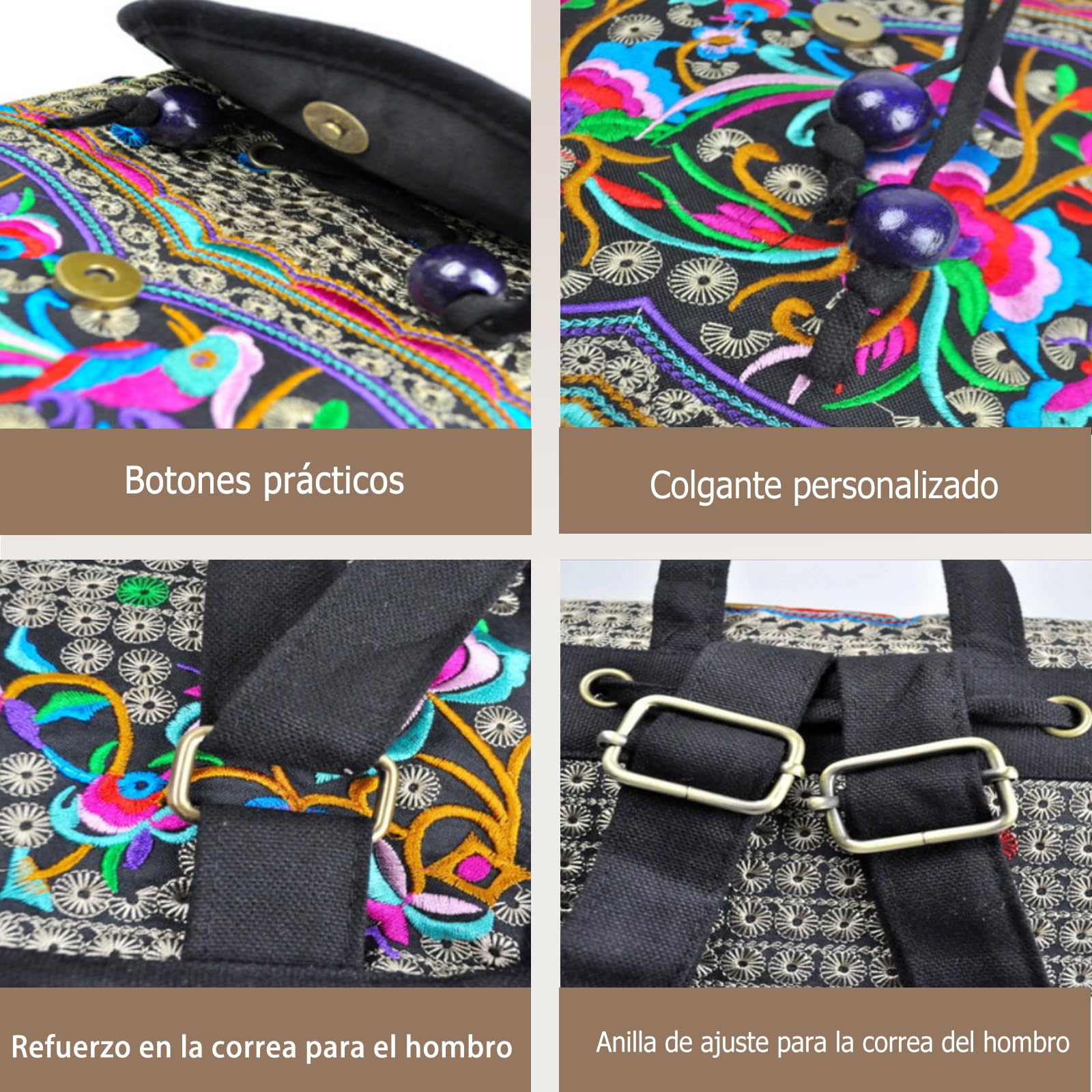 CORIOS Mochila para Mujer Bolso Mochilas con Bordado Étnico Bohemia Morral Backpack Mochilas con Cierre de Cordón Bolso de Mano de Hombro de Lona Retro Daypack Bolsas de Escuela Peonía Morada L