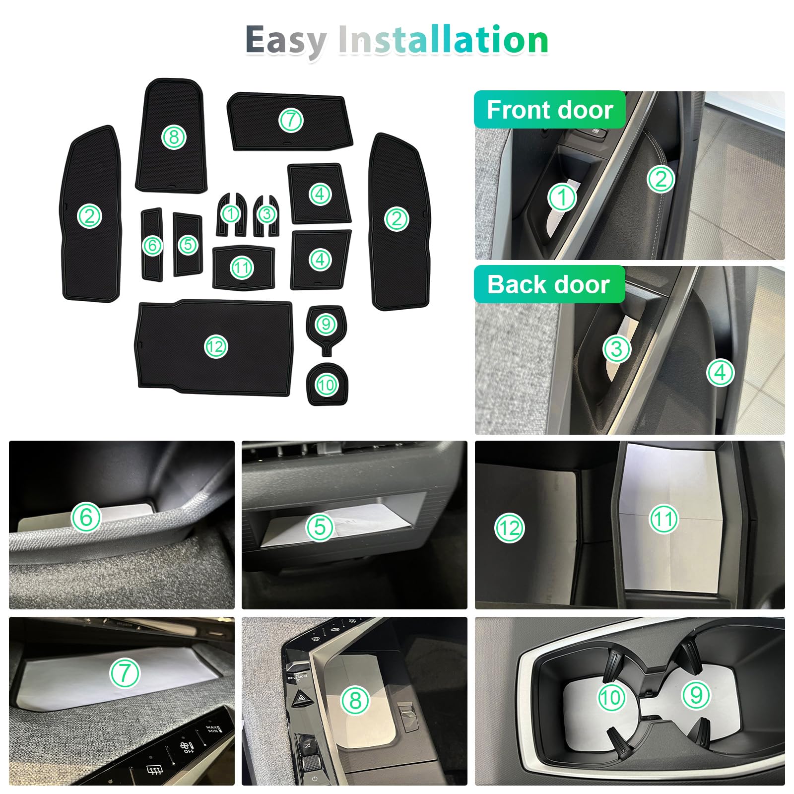 GAFAT Neuer Peugeot e-3008 GT Allure 2024 2025 Antirutschmatten, Peugeot e3008 2024 Gummimatten Non-Slip für Mittelkonsole Becherhalter Türnaht, Peugeot e-3008 Zubehör (Schwarz