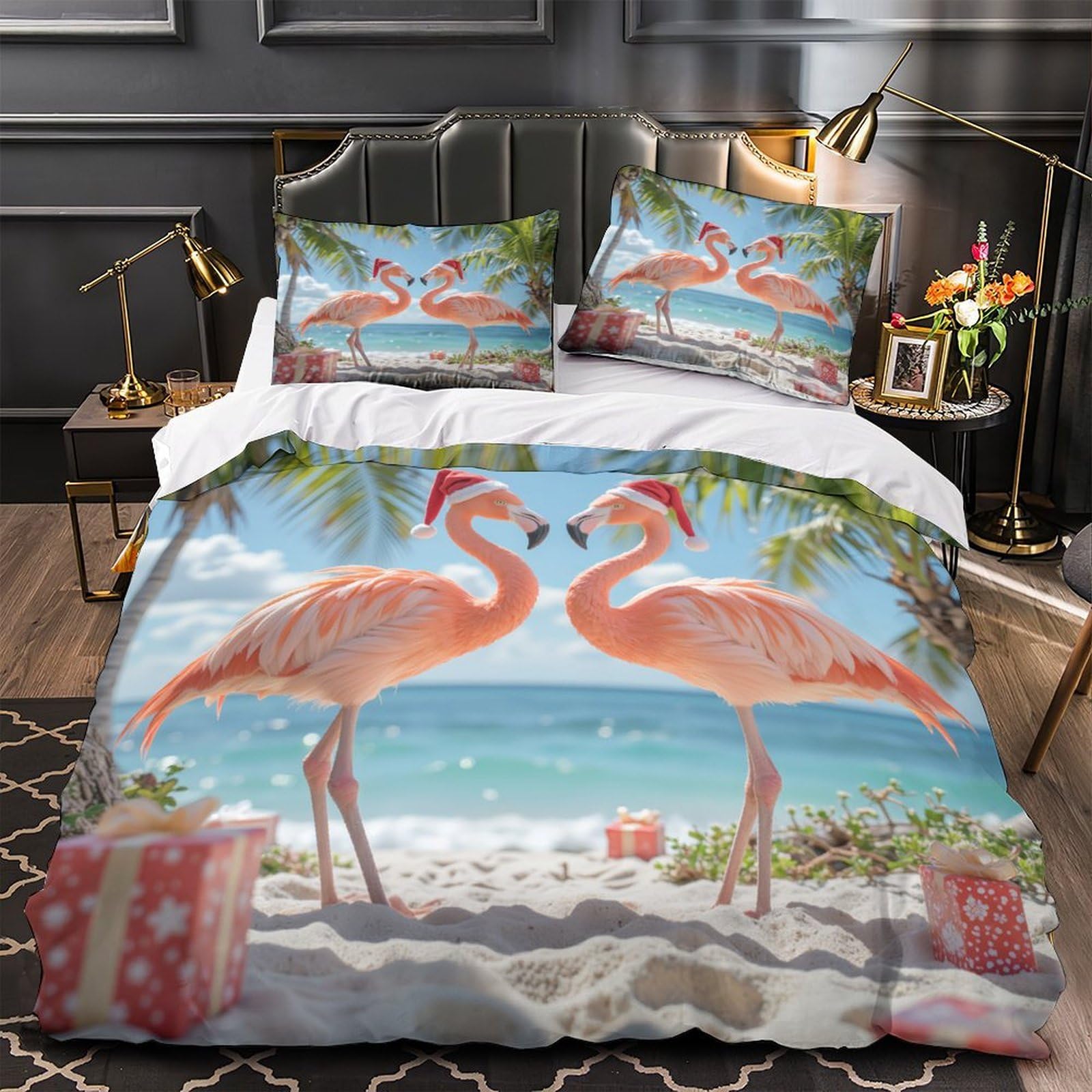 Housse de couette flamant rose de Noël parure microfibre 135x200