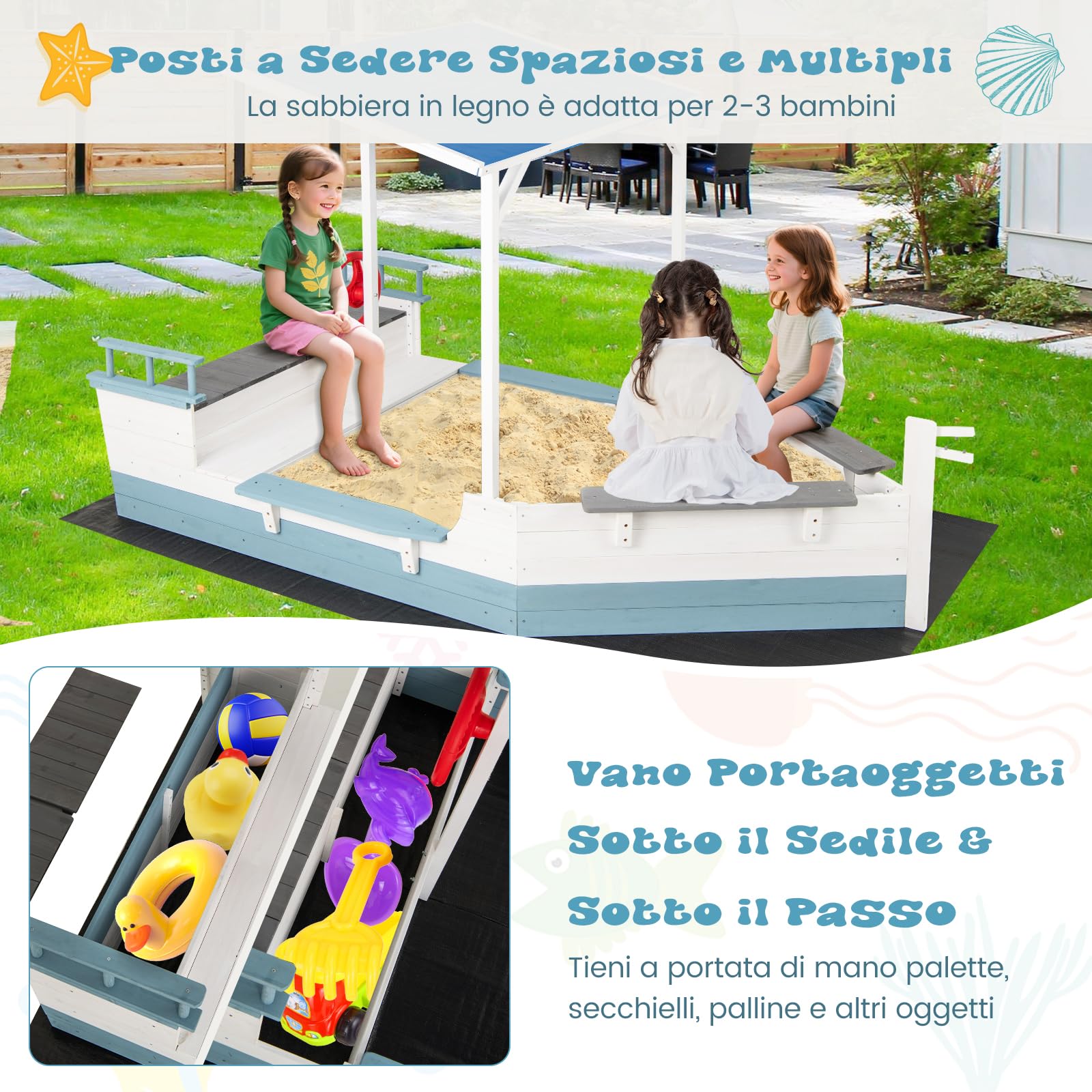 GYMAX Sabbiera in Legno di Abete, Casetta da Gioco per Giardino a Forma di Nave con Tetto Spiovente, Rivestimento, Sedili Multipli, Ampio Spazio di Stoccaggio, Sabbiera da Esterno per Bambini