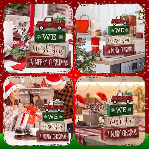Miniatura 4 de 4 piezas de decoración navideña de madera con camión rojo, bloques escalonados, decoración rústica con leyenda de Merry Christmas, centro de mesa
