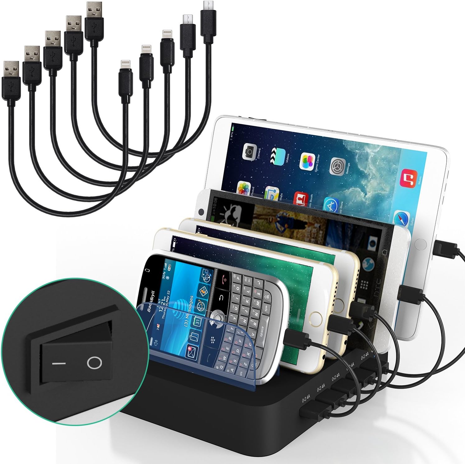 IMLEZON Multi Device Charging Station with 5 Short USB Cables 5 Ports 5V 40W Multiple USB Charger Station (Black)