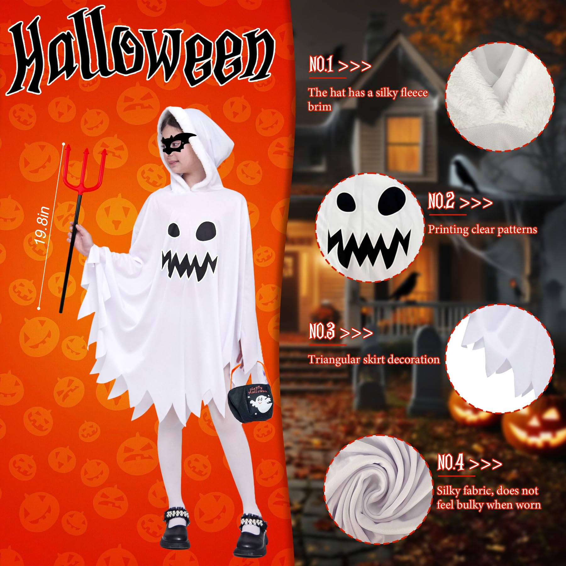 Déguisement Fantôme Enfant Halloween – Cape Lumineuse Avec Masque, Sac à Bonbons, Fourchette, Tatouages (tailles 7-14 Ans)