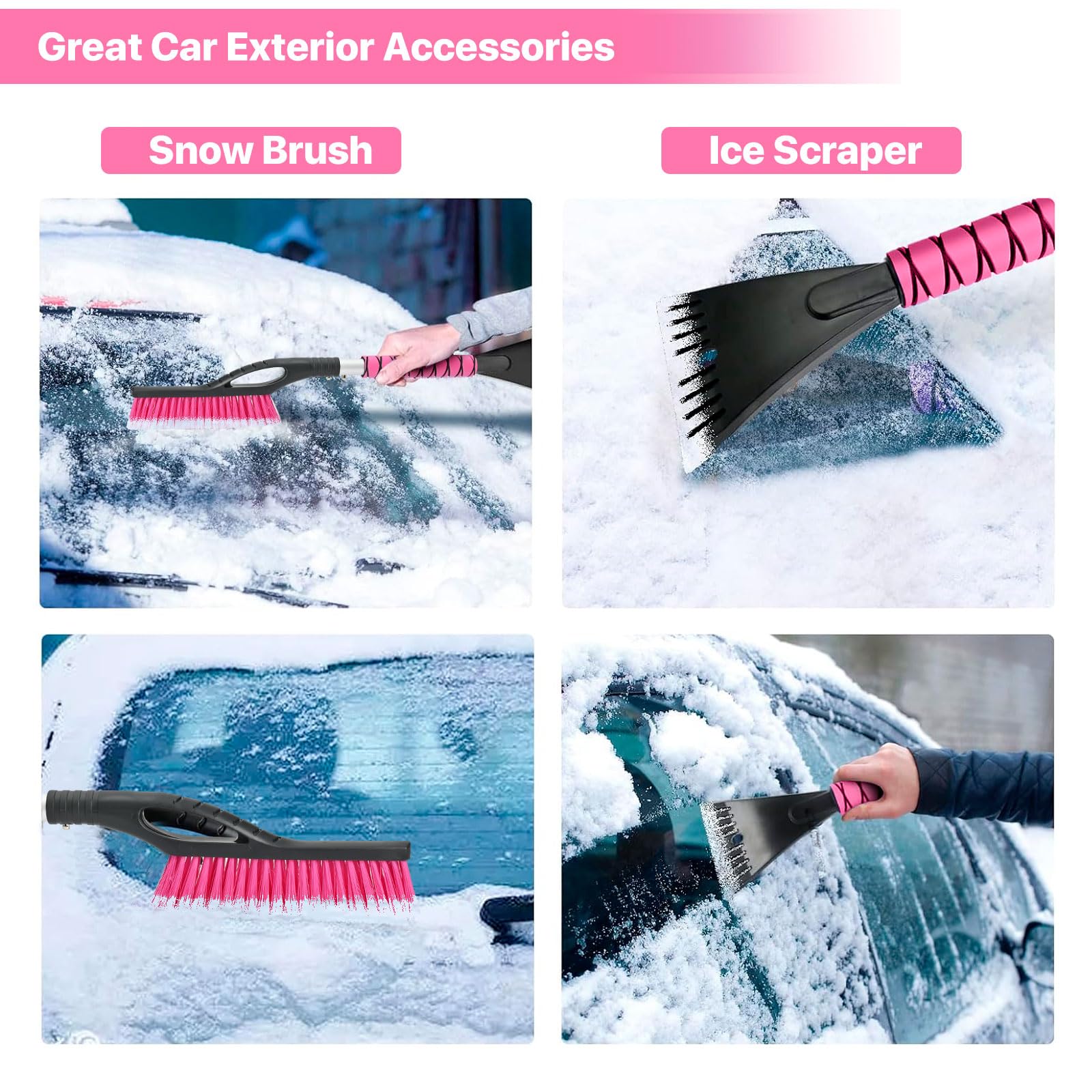 OUSHASAA Lot de 2 brosses à neige et grattoirs à glace de 68,6 cm pour pare-brise de voiture, tête en poils anti-rayures, brosse à neige en PVC et poignée en mousse, outil de déneigement avec corps en
