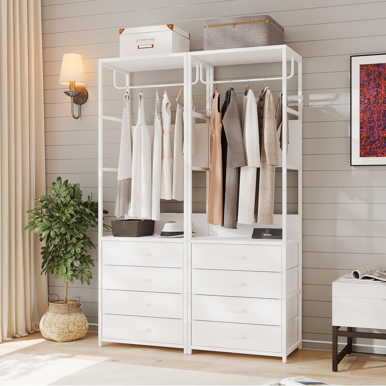 VOWNER Appendiabiti da Terra, Mobile Ingresso con Panca, 4 in 1, Attaccapanni con Barra e 4 Cassetti, Stand Appendiabiti in Struttura in Metallo, per Camera da Letto, 60 x 180 x 40 cm, Bianco