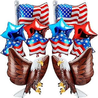 12 Pcs 4th of July Balloons Party Decoration Supplies, Patriotic Independence Day Foil Balloons, 3D Large Eagle Foil Balloons, Star American Flag Red White Blue Balloons for Labor Day Birthday Party