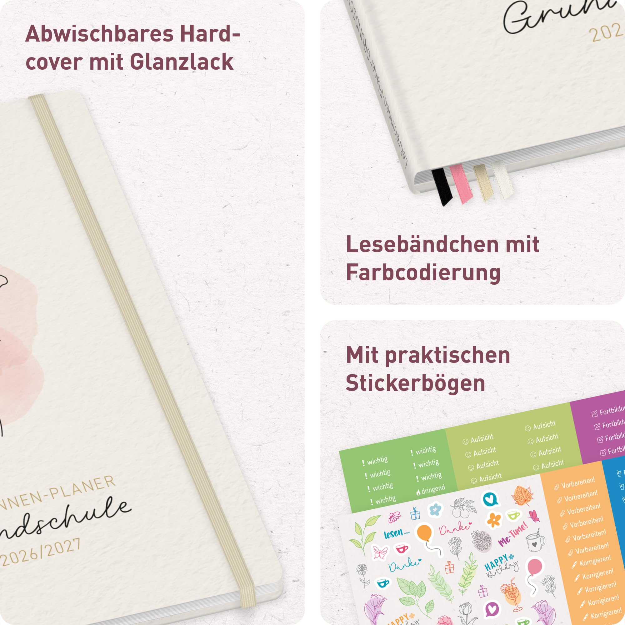 Häfft® Lehrerplaner Grundschule 2026/2027 im A4+ Format Hardcover - Schuljahr 12 Monate (Aug 26 - Jul 27) Lehrerkalender & Unterrichtsplaner für Klasse 1–4 "Soft Flower"
