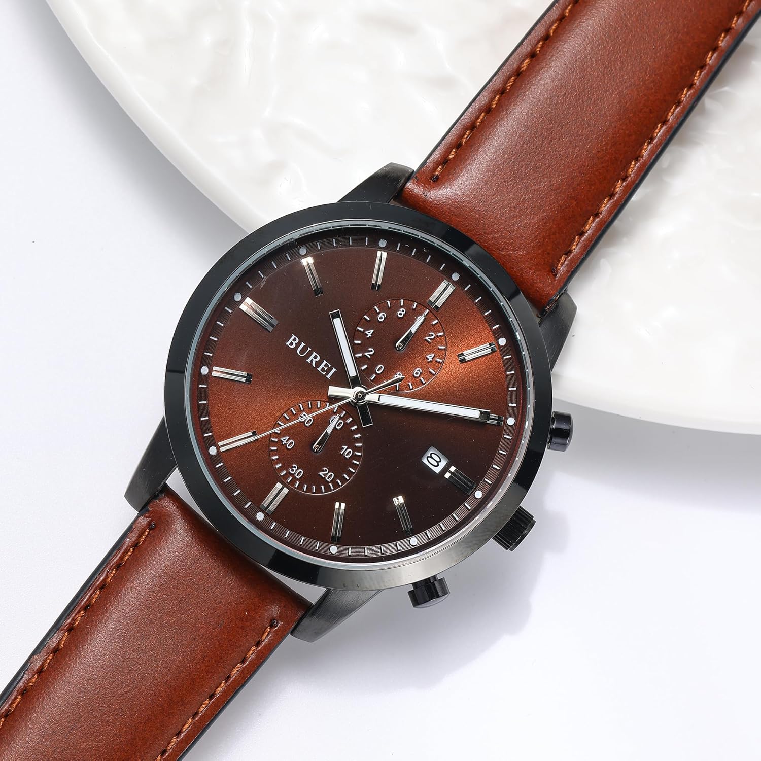 BUREI Men's Leather Watches Chronograph Quartz Watches for Men Classic Fashion Wristwatch Relojes para Hombres,Gift for Men(Brown Black) - Image 3