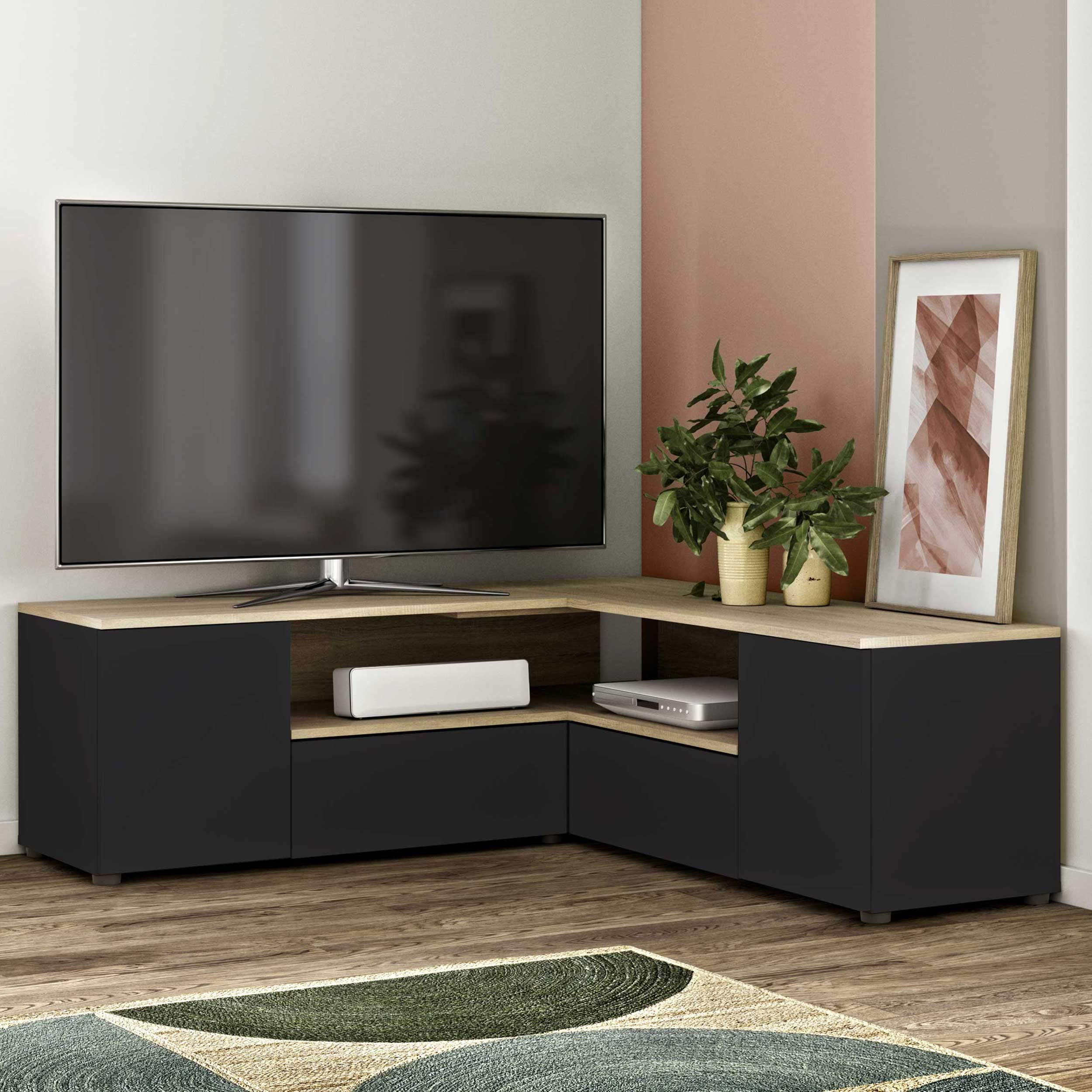 Symbiosis Angle, Tavolino porta tv angolare, Nero e Rovere Naturale 130x130.05x45 cm