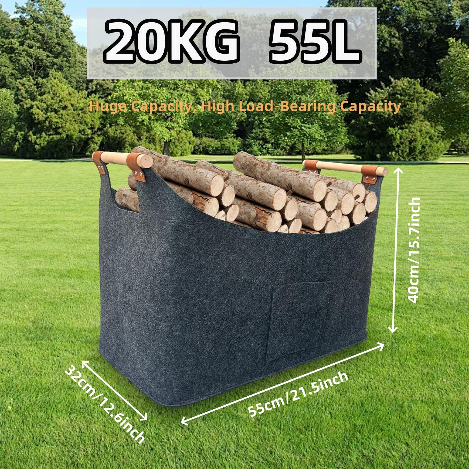 55L Large Log Basket,Felt Firewood Basket for Wood Burner Indoor with Extended & Thicker Handles,Foldable Storage Box for Fireplaces - Image 3